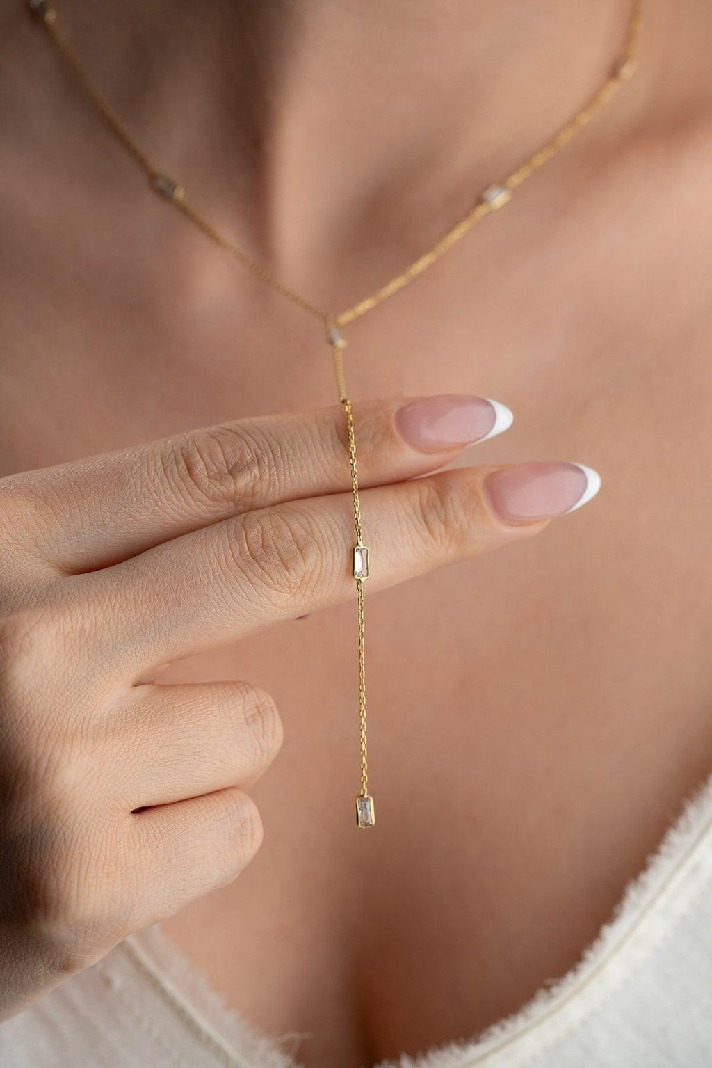 White Baguette Necklace, 925 Sterling Silver Pendant, Gold Plated Zircon Jewelry, Gift for Her