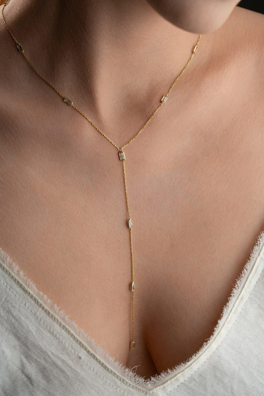 White Baguette Necklace, 925 Sterling Silver Pendant, Gold Plated Zircon Jewelry, Gift for Her
