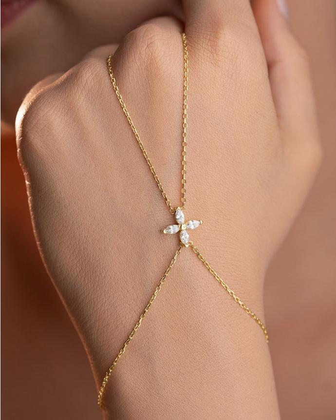 Flower Hand Chain Bracelet, 925 Sterling Silver Jewelry, Gold Plated Zircon Gift