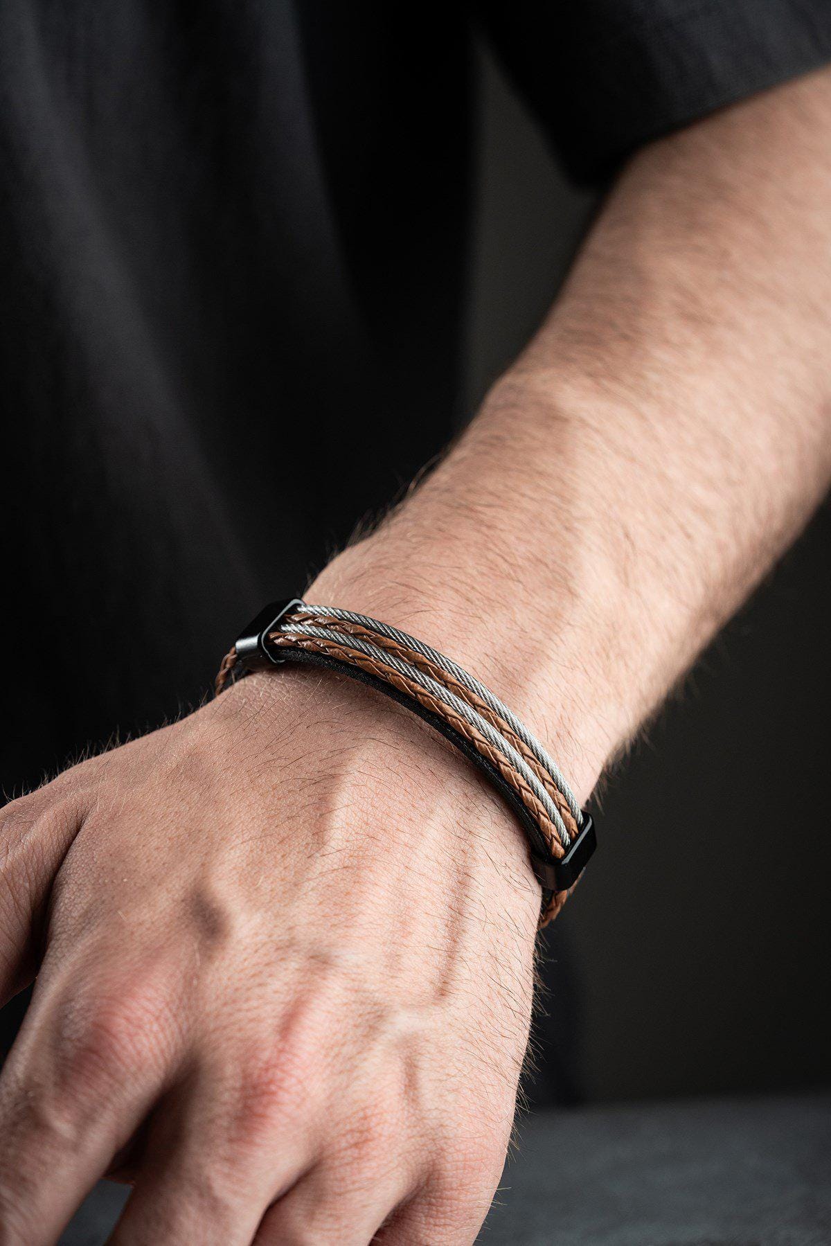 Men's Leather Bracelet, Stainless Steel Jewelry, Brown Braided Bracelet, Gift for Him