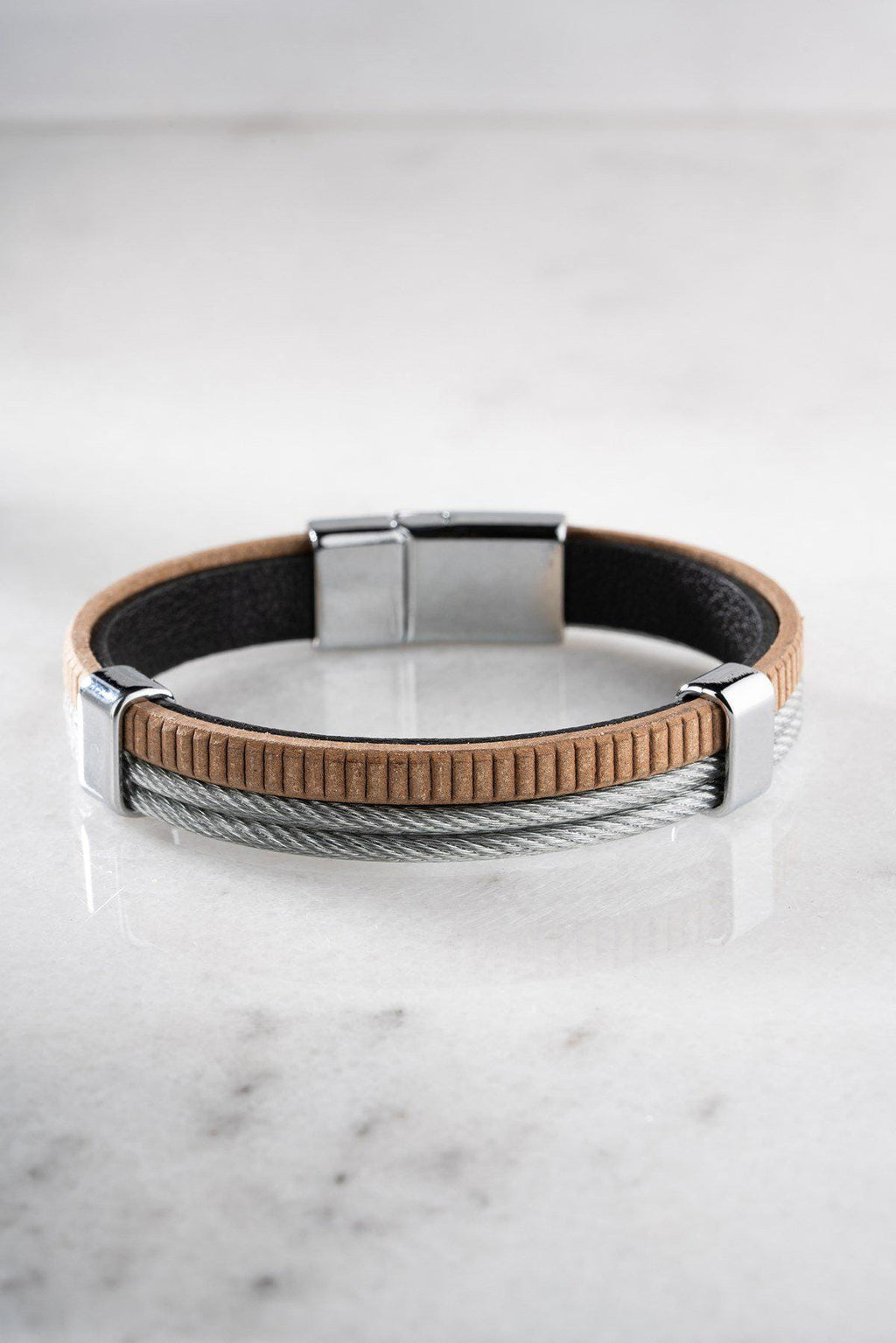 Men's Double Row Bracelet, Stainless Steel Jewelry, Brown Leather Bracelet, Gift for Him