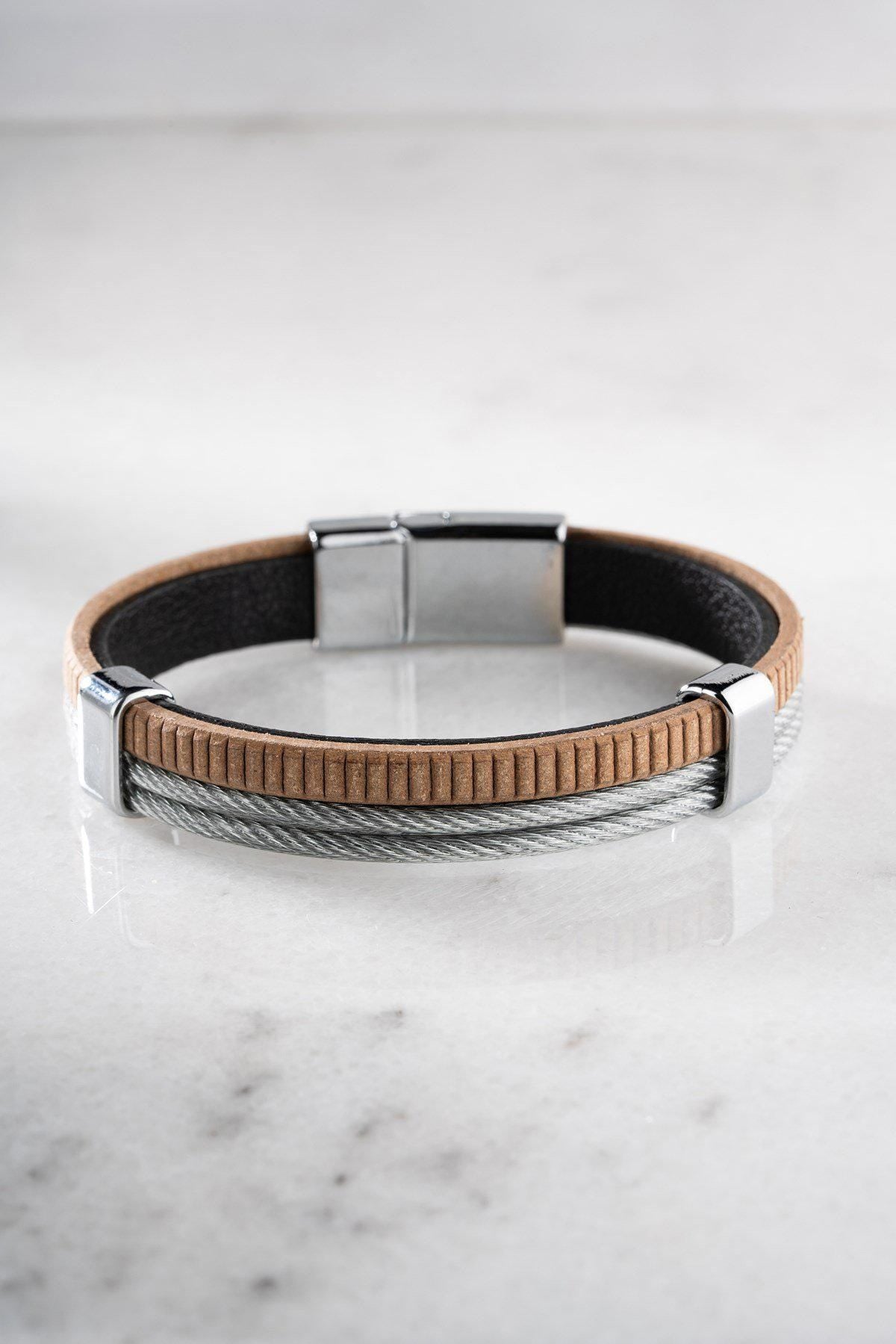 Men's Double Row Bracelet, Stainless Steel Jewelry, Brown Leather Bracelet, Gift for Him