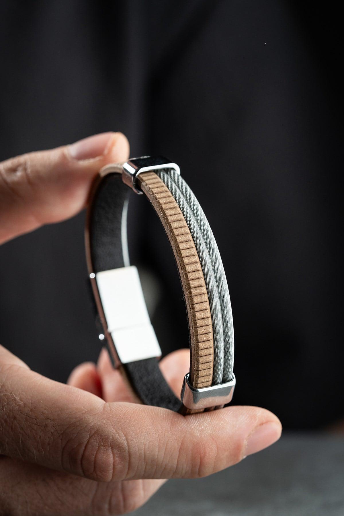 Men's Double Row Bracelet, Stainless Steel Jewelry, Brown Leather Bracelet, Gift for Him