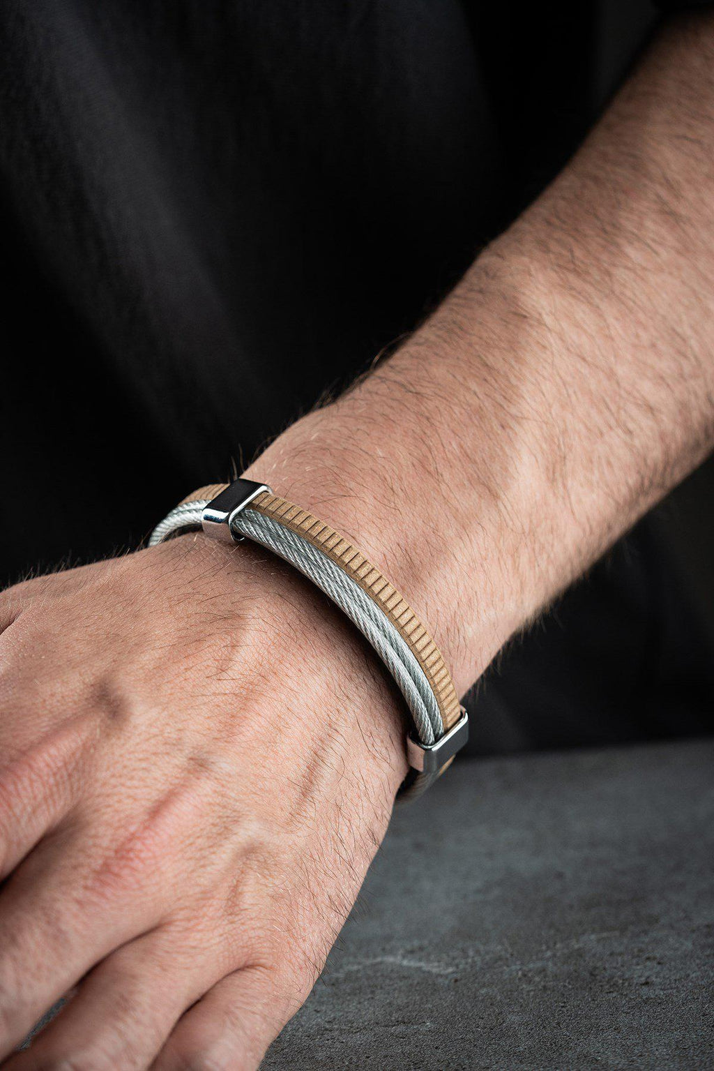 Men's Double Row Bracelet, Stainless Steel Jewelry, Brown Leather Bracelet, Gift for Him