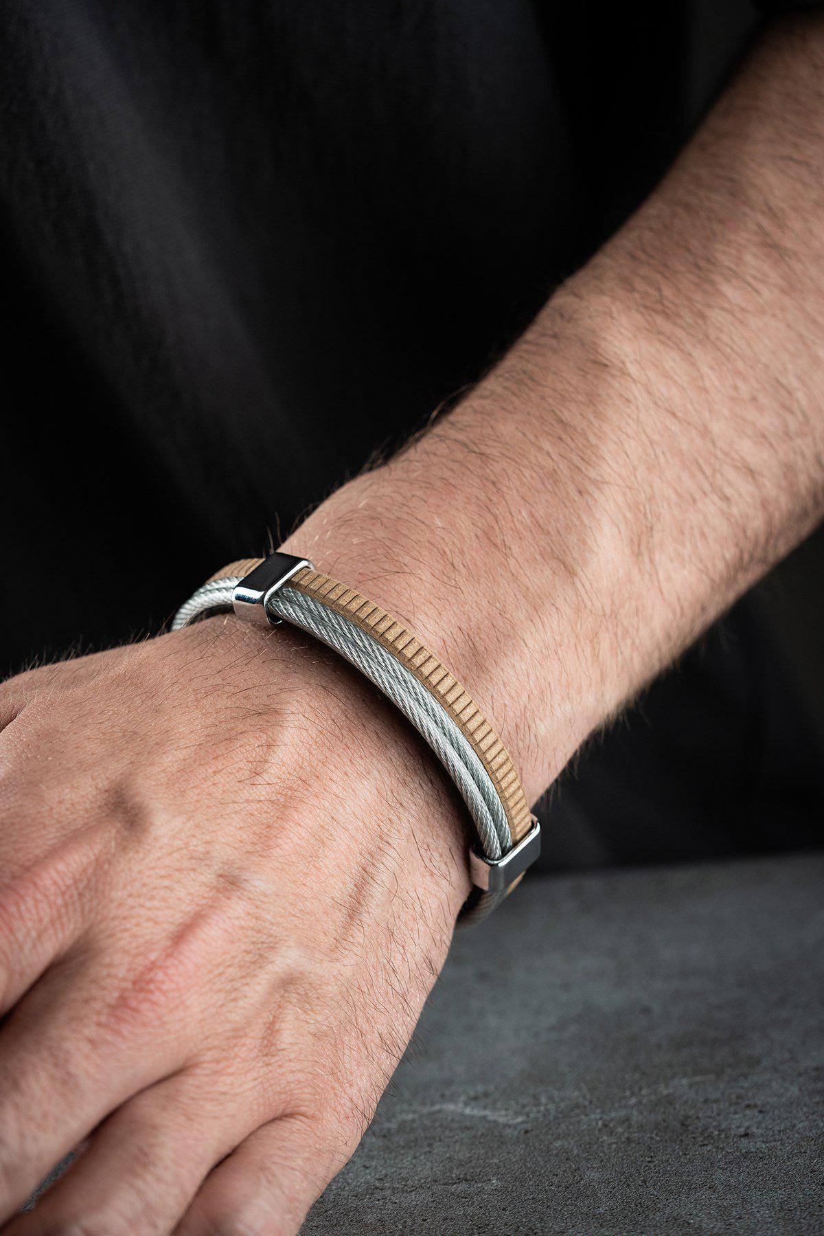 Men's Double Row Bracelet, Stainless Steel Jewelry, Brown Leather Bracelet, Gift for Him
