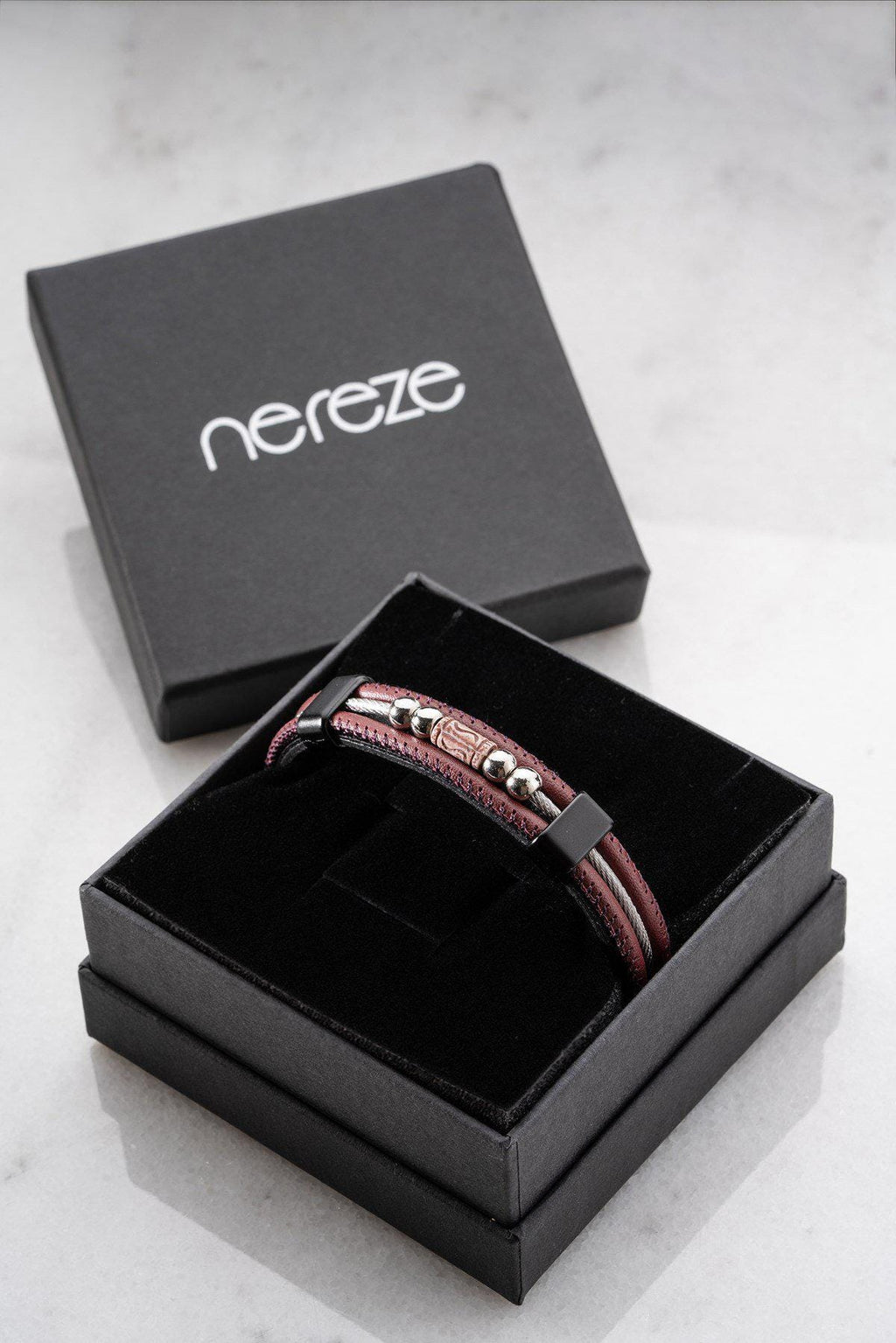 Men's Leather Bracelet, Stainless Steel Jewelry, Burgundy Bracelet, Gift for Him