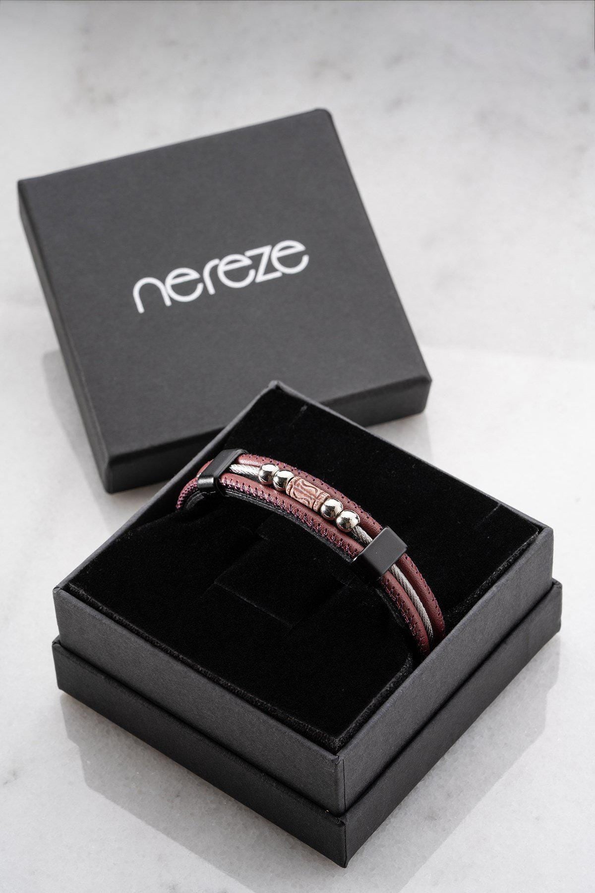 Men's Leather Bracelet, Stainless Steel Jewelry, Burgundy Bracelet, Gift for Him