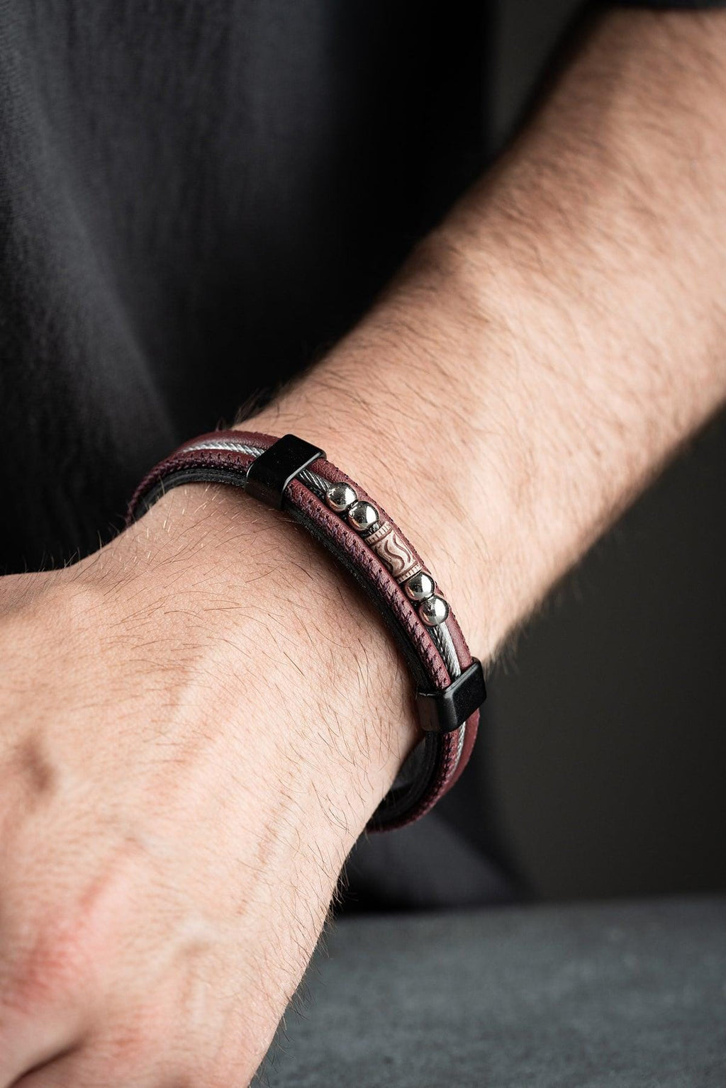 Men's Leather Bracelet, Stainless Steel Jewelry, Burgundy Bracelet, Gift for Him