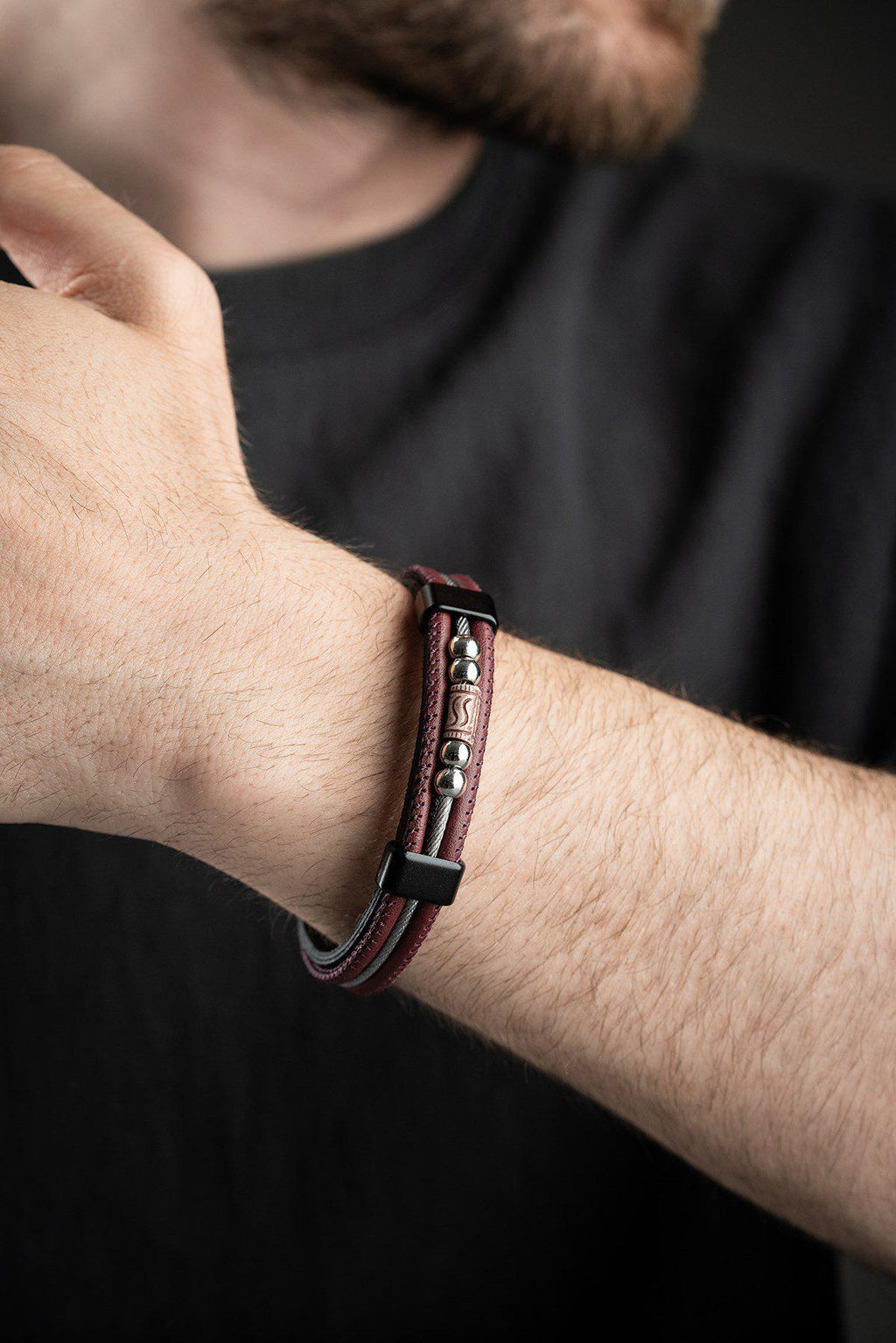 Men's Leather Bracelet, Stainless Steel Jewelry, Burgundy Bracelet, Gift for Him