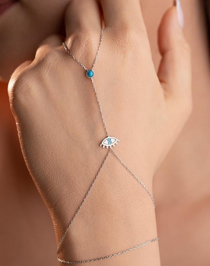 Turquoise Evil Eye Hand Chain, Sterling Silver Rhodium Shahmaran Bracelet