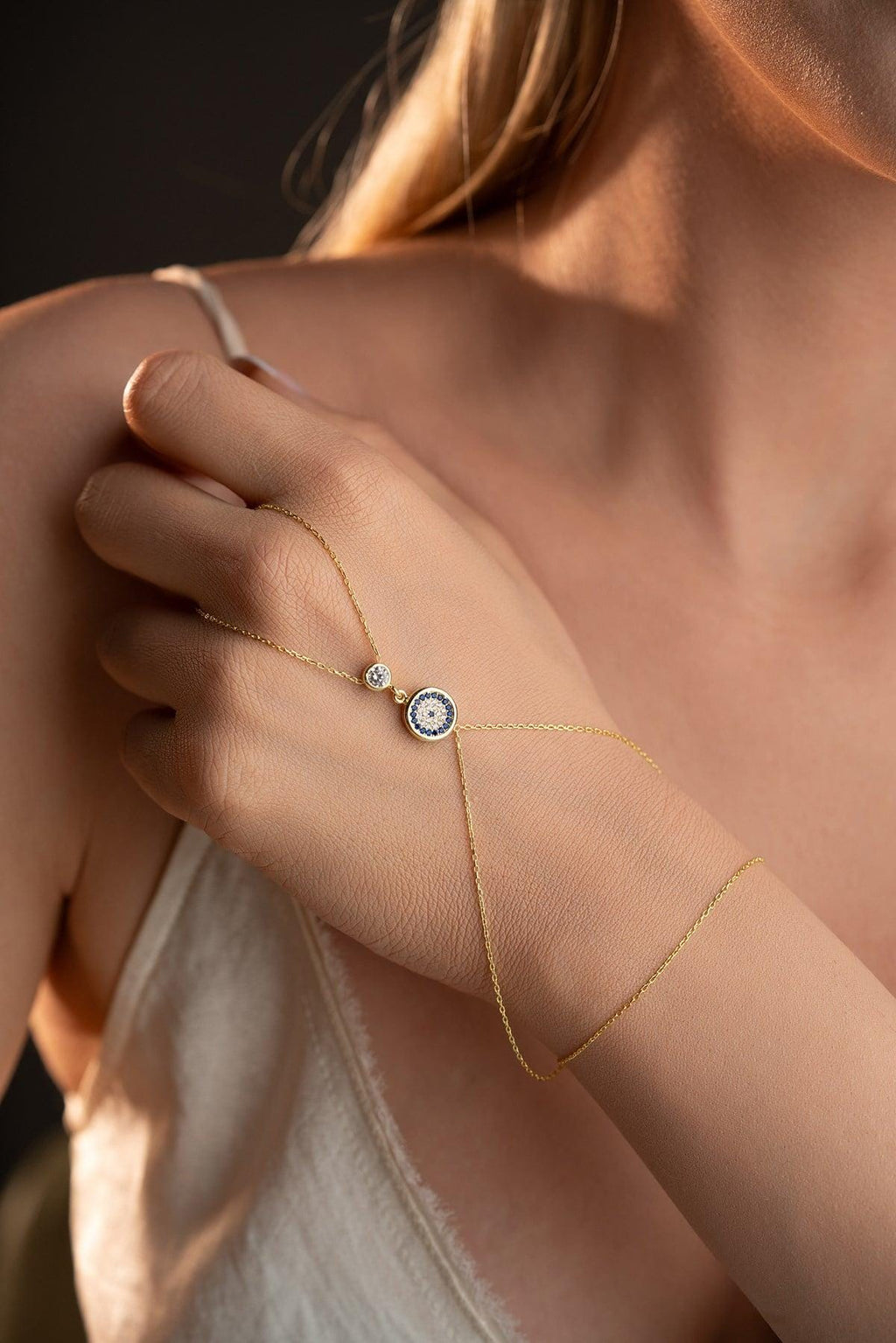 Gold plated  Evil Eye Hand Chain, Zircon Sterling Silver Shahmaran Bracelet