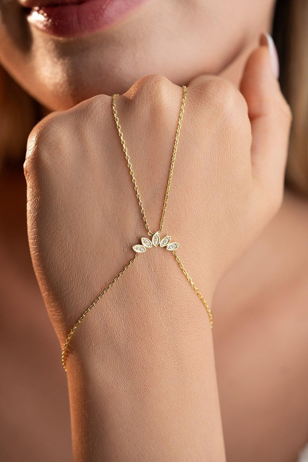 Marquise Zircon Hand Chain Bracelet, 925 Sterling Silver, Gold Plated Jewelry