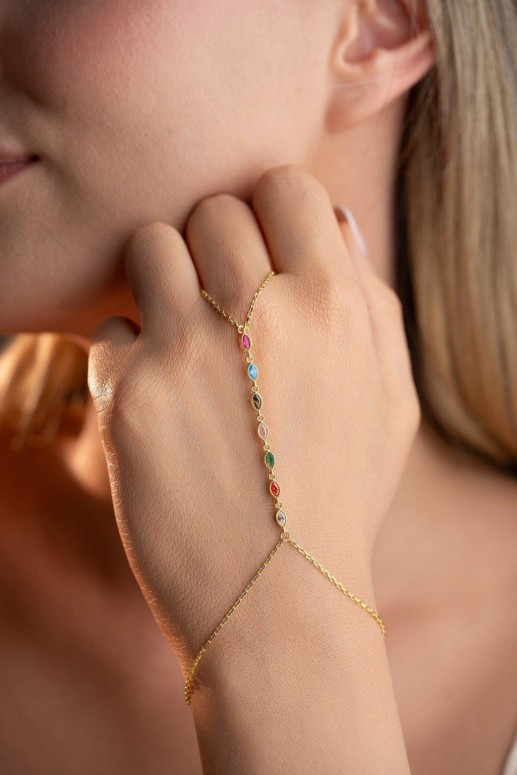Colorful Marquise Shahmaran Bracelet, 925 Sterling Silver, Gold Plated Hand Chain