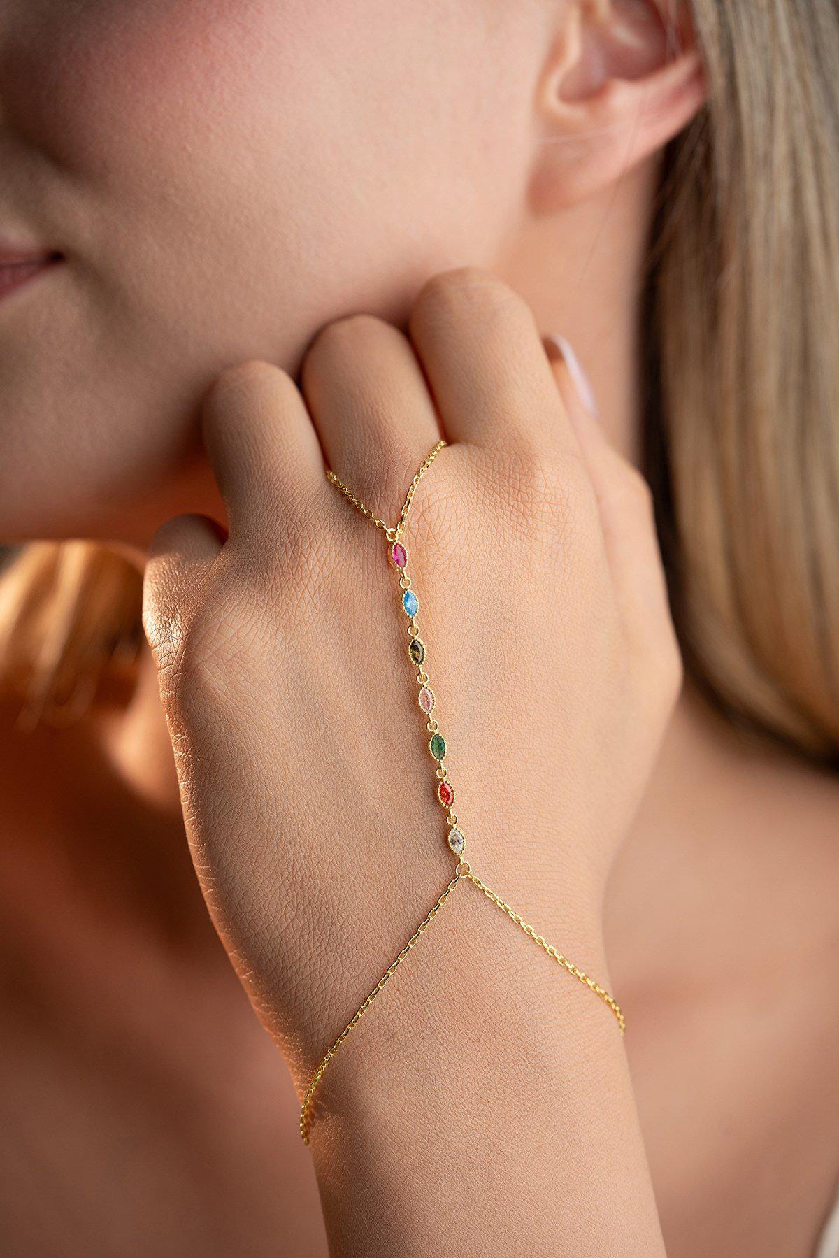 Colorful Marquise Shahmaran Bracelet, 925 Sterling Silver, Gold Plated Hand Chain