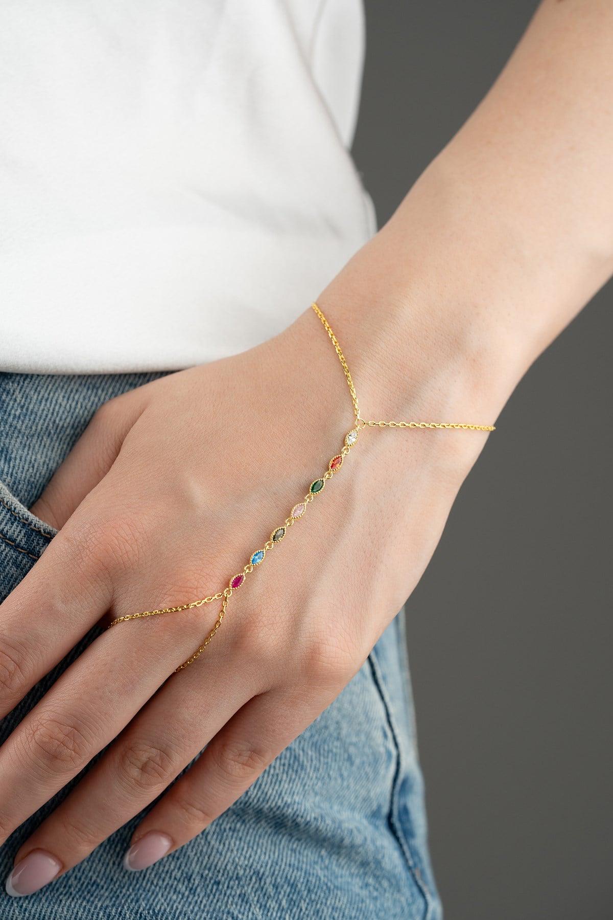 Colorful Marquise Shahmaran Bracelet, 925 Sterling Silver, Gold Plated Hand Chain