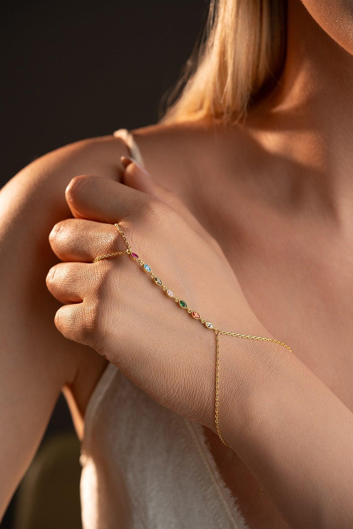 Colorful Marquise Shahmaran Bracelet, 925 Sterling Silver, Gold Plated Hand Chain