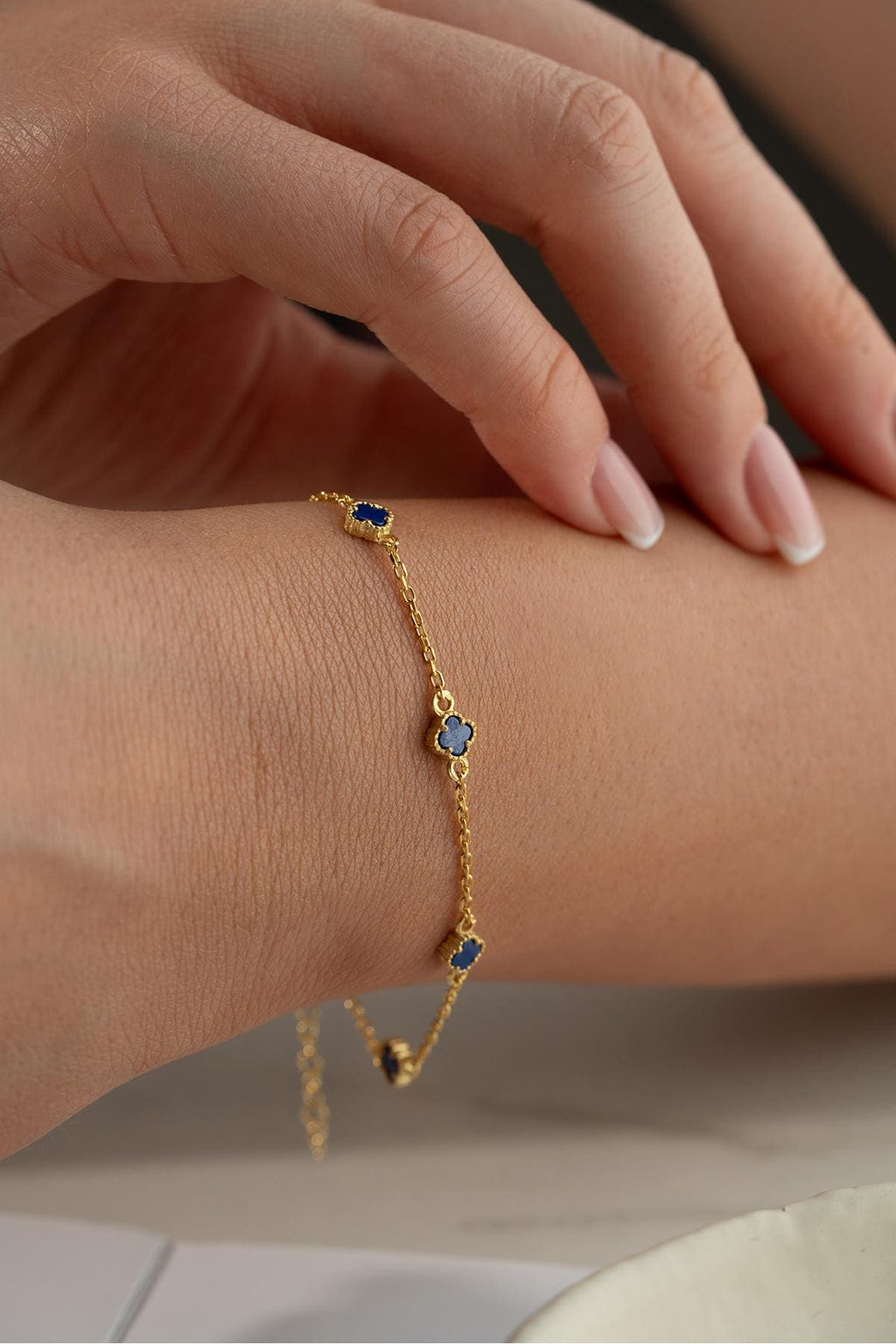 Blue Clover Bracelet, 925 Sterling Silver, Gold Plated Lucky Jewelry