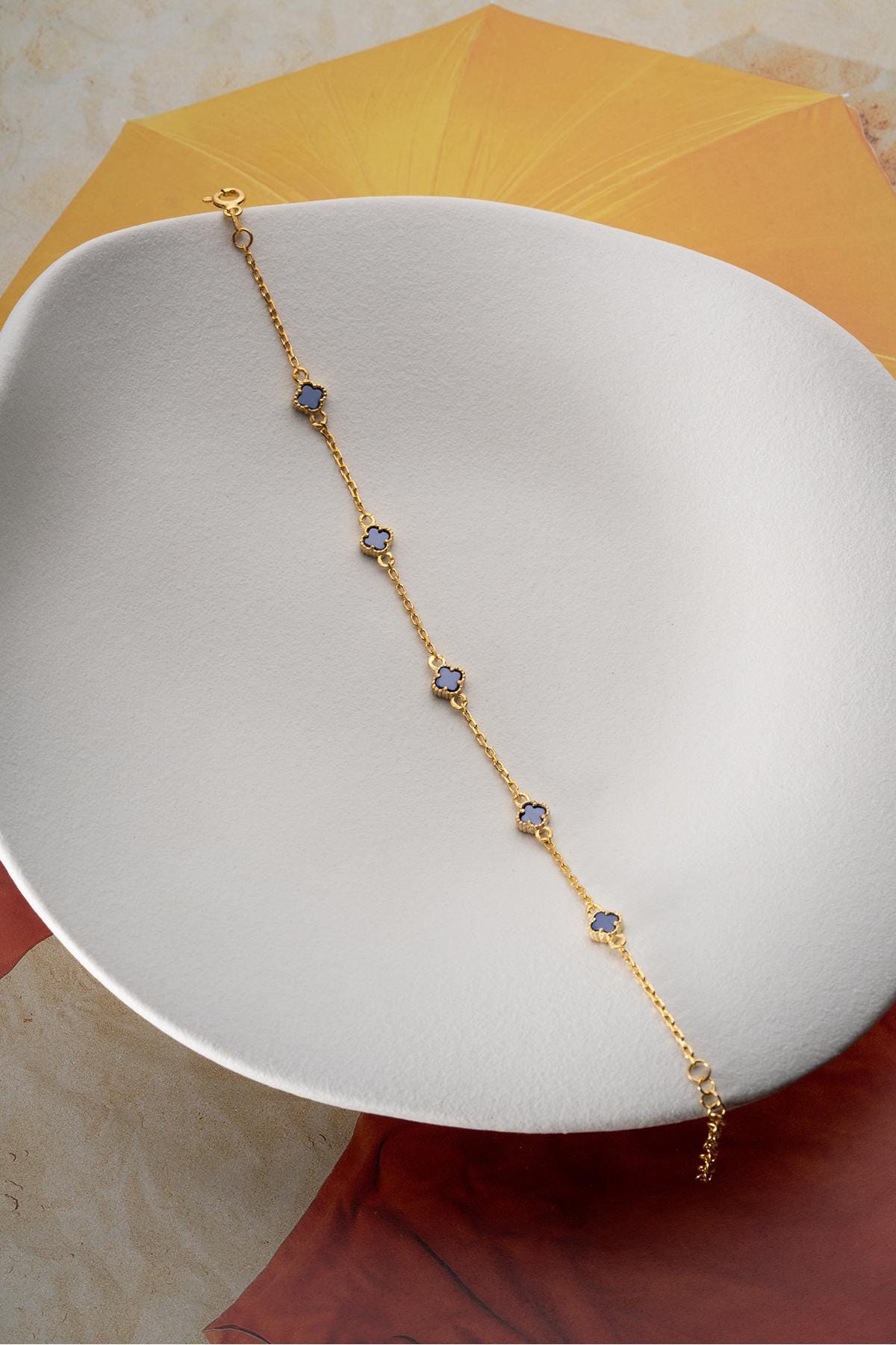 Blue Clover Bracelet, 925 Sterling Silver, Gold Plated Lucky Jewelry