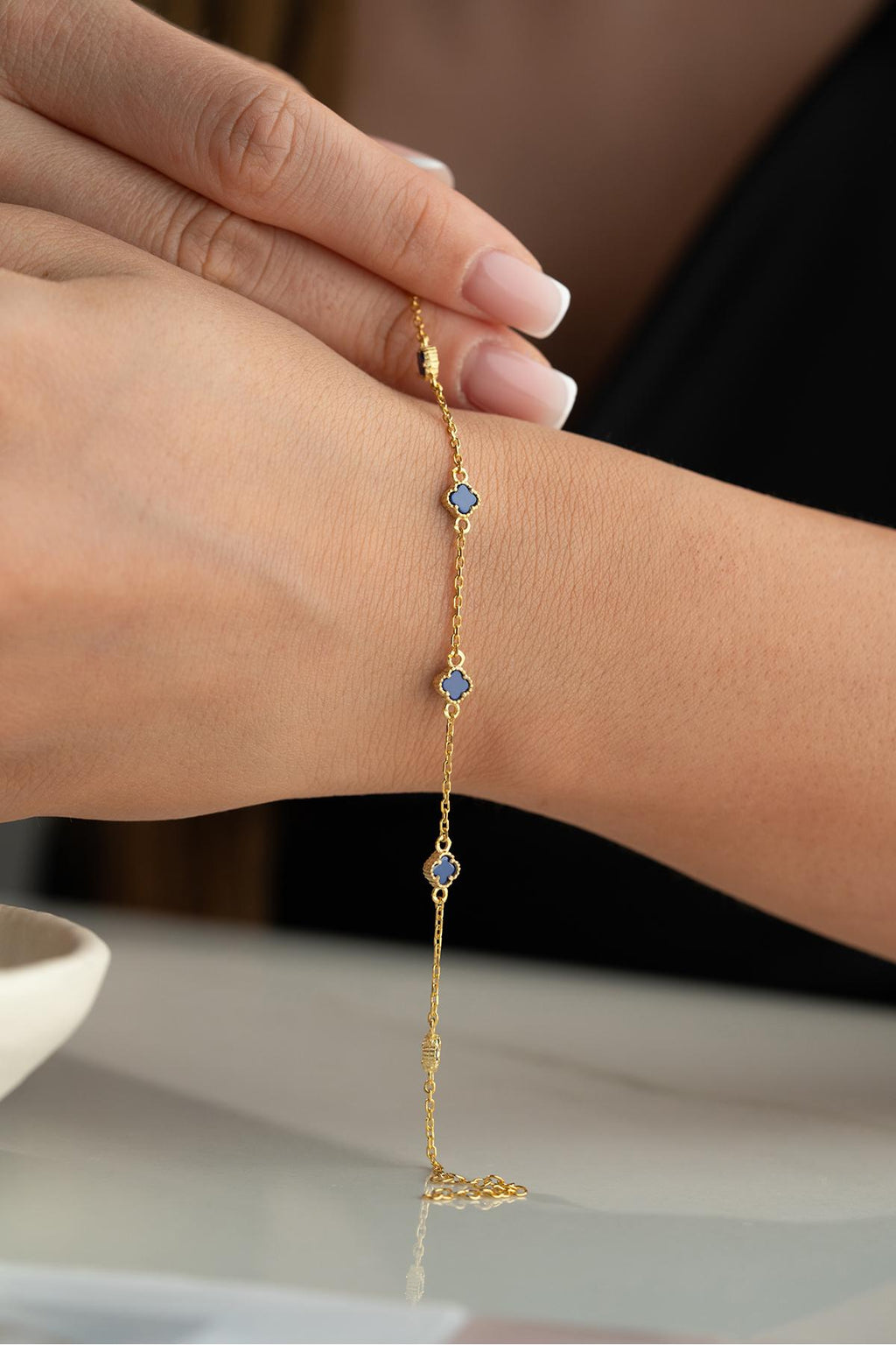 Blue Clover Bracelet, 925 Sterling Silver, Gold Plated Lucky Jewelry