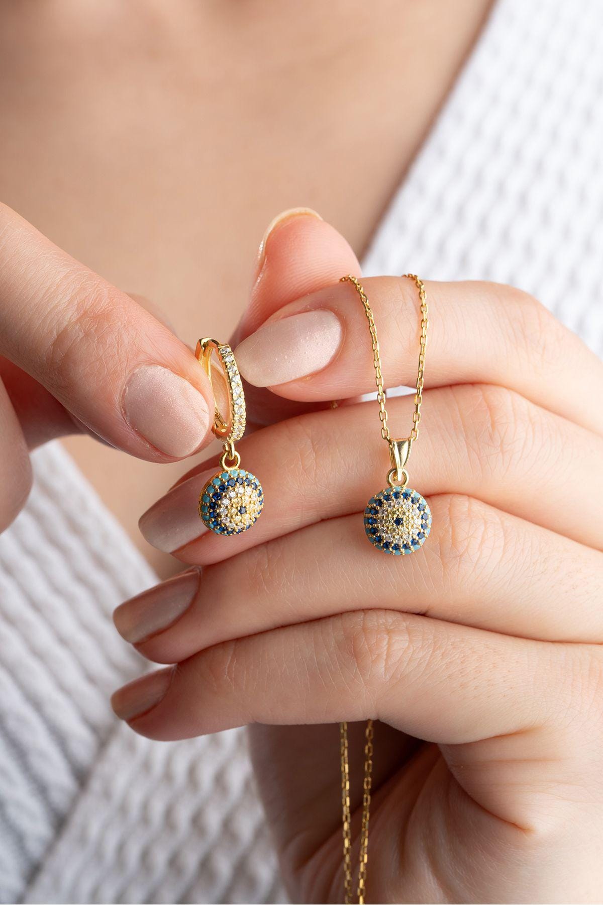 Evil Eye Jewelry Set, 925 Sterling Silver, Gold Plated Necklace Earrings