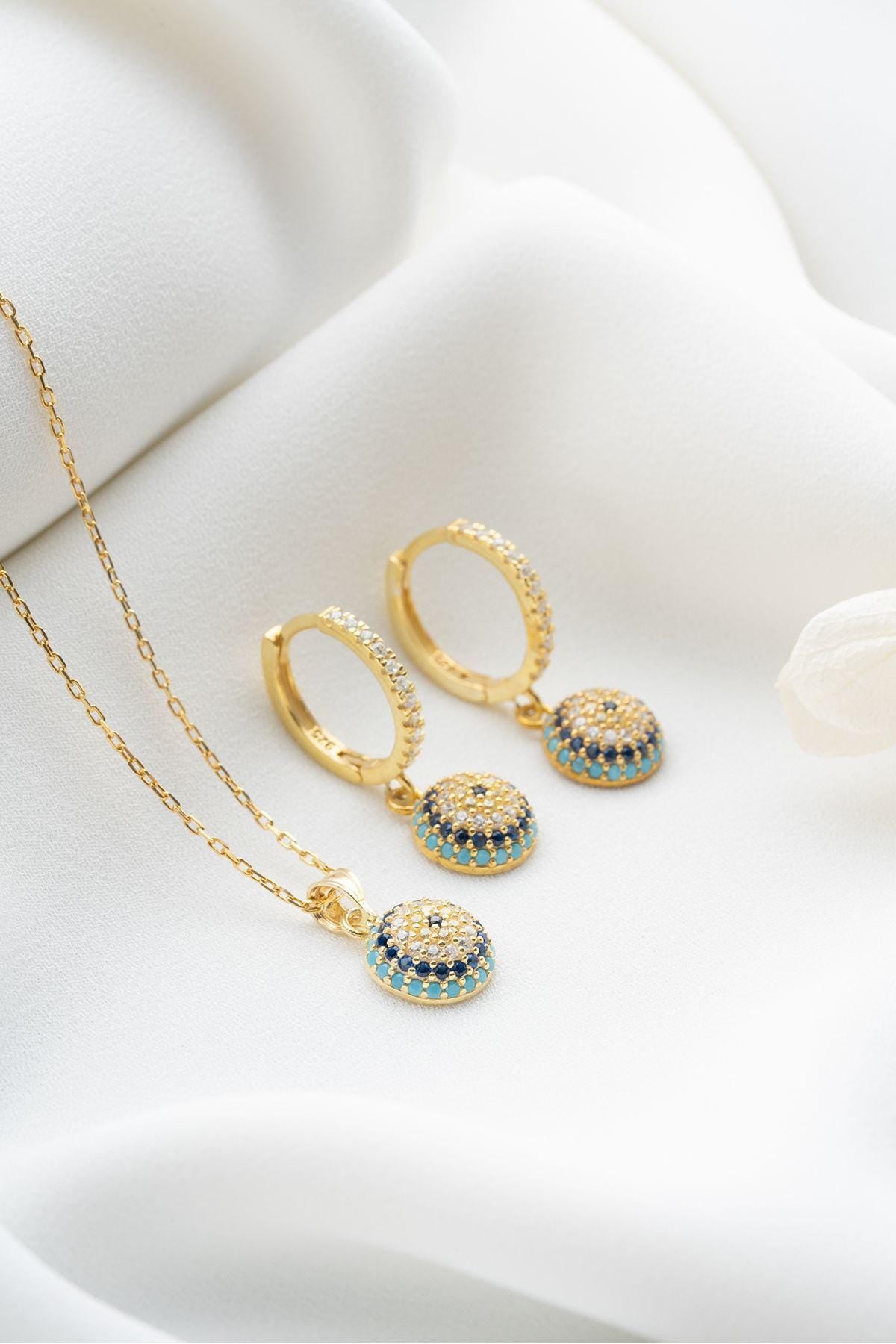 Evil Eye Jewelry Set, 925 Sterling Silver, Gold Plated Necklace Earrings