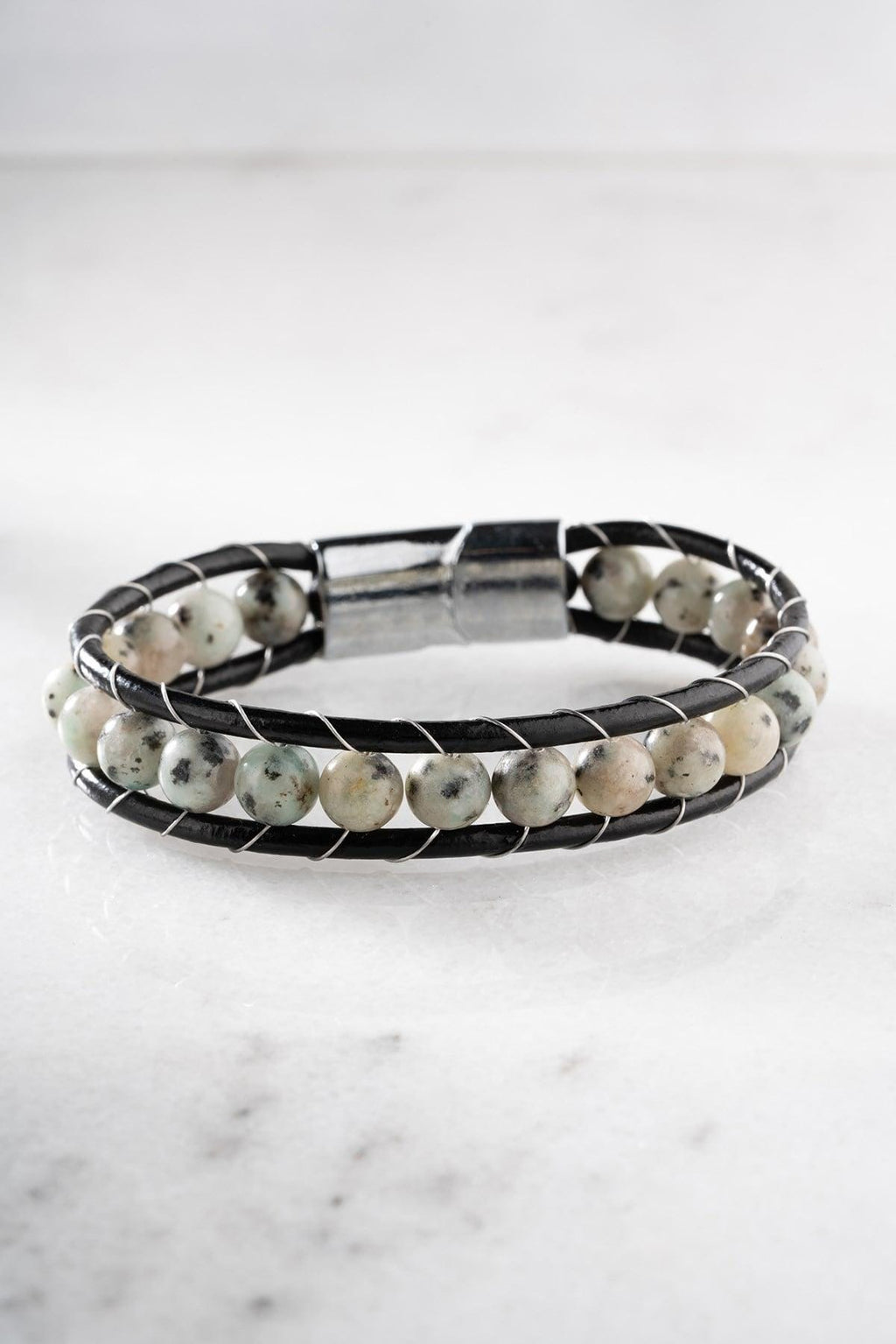 Black Leather Beaded Bracelet, Natural Stone Men Bracelet, Chrome Plated Jewelry