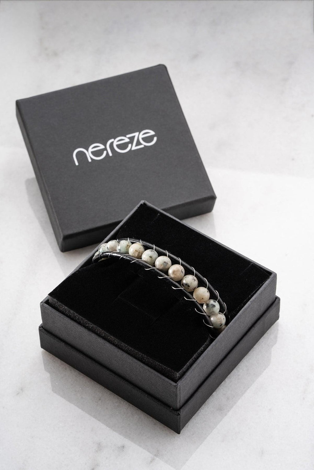 Black Leather Beaded Bracelet, Natural Stone Men Bracelet, Chrome Plated Jewelry