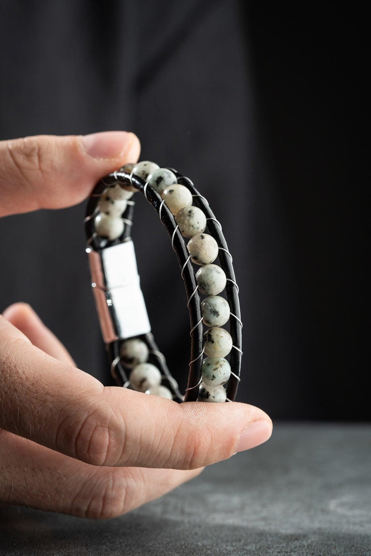 Black Leather Beaded Bracelet, Natural Stone Men Bracelet, Chrome Plated Jewelry