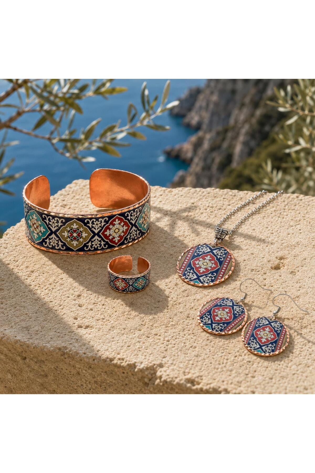 Heritage Copper Jewelry Set, Ethnic Boho Necklace Earrings Ring Bracelet