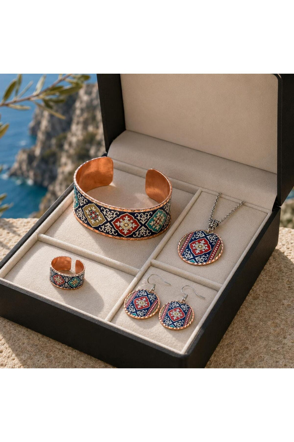 Heritage Copper Jewelry Set, Ethnic Boho Necklace Earrings Ring Bracelet