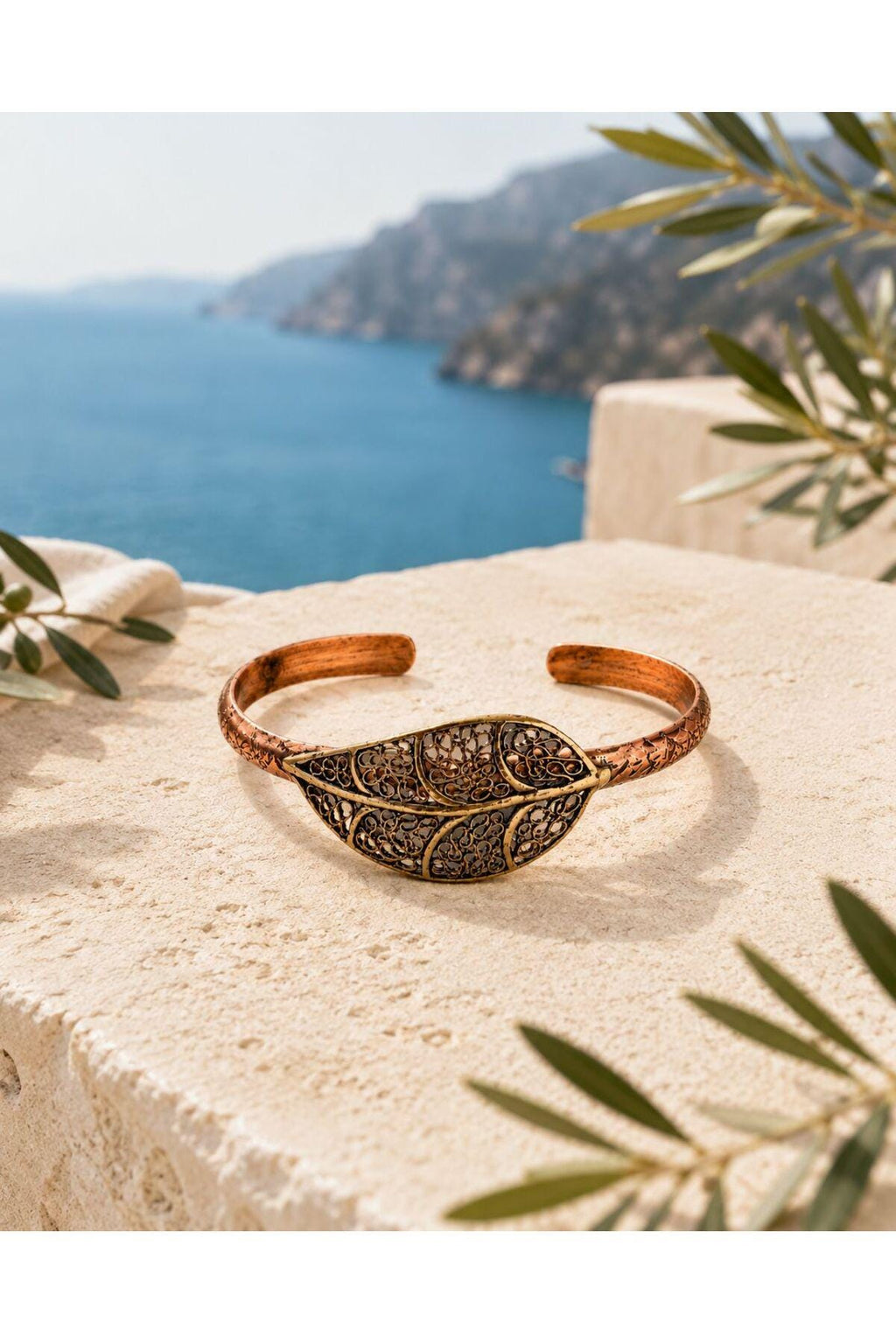 Filigree Leaf Copper Cuff Bracelet, Boho Adjustable Unisex Statement Jewelry