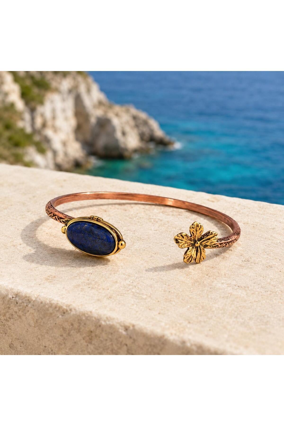 Lapis Lazuli Copper Cuff Bracelet, Adjustable Leaf Boho Gemstone Jewelry