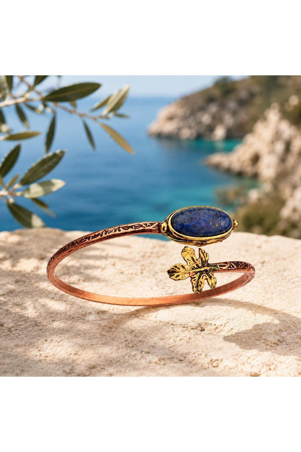 Lapis Lazuli Copper Cuff Bracelet, Adjustable Leaf Boho Gemstone Jewelry