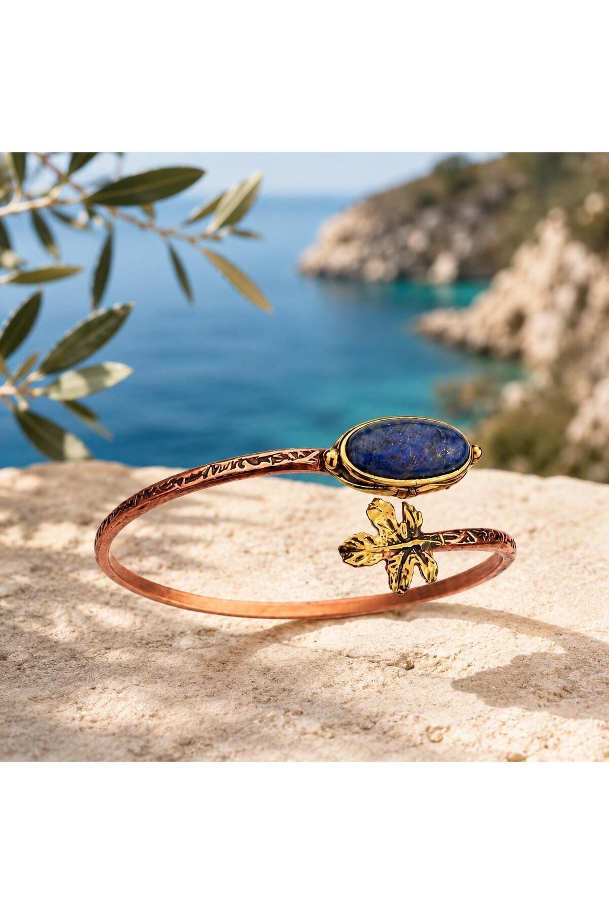 Lapis Lazuli Copper Cuff Bracelet, Adjustable Leaf Boho Gemstone Jewelry