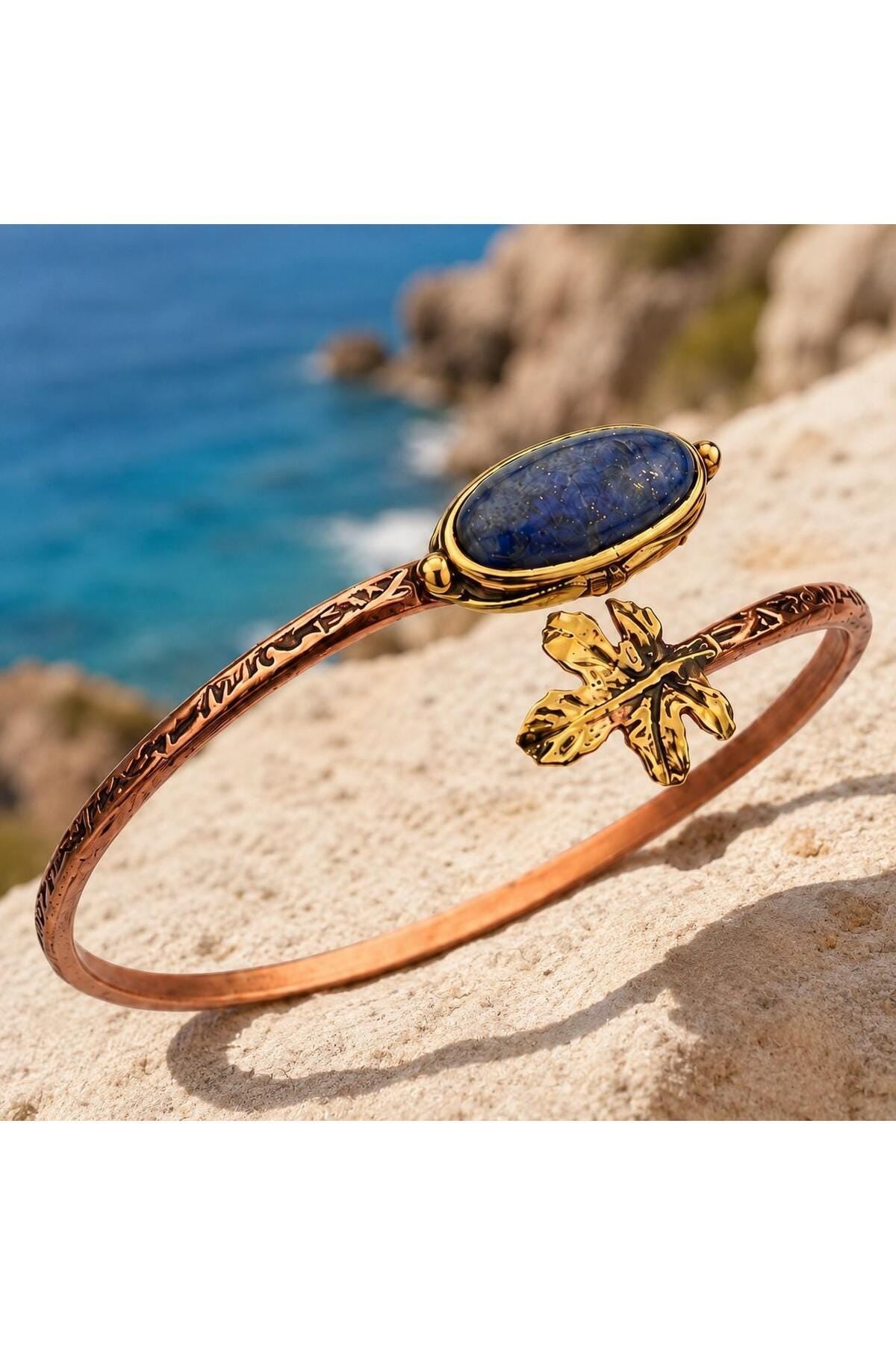 Lapis Lazuli Copper Cuff Bracelet, Adjustable Leaf Boho Gemstone Jewelry