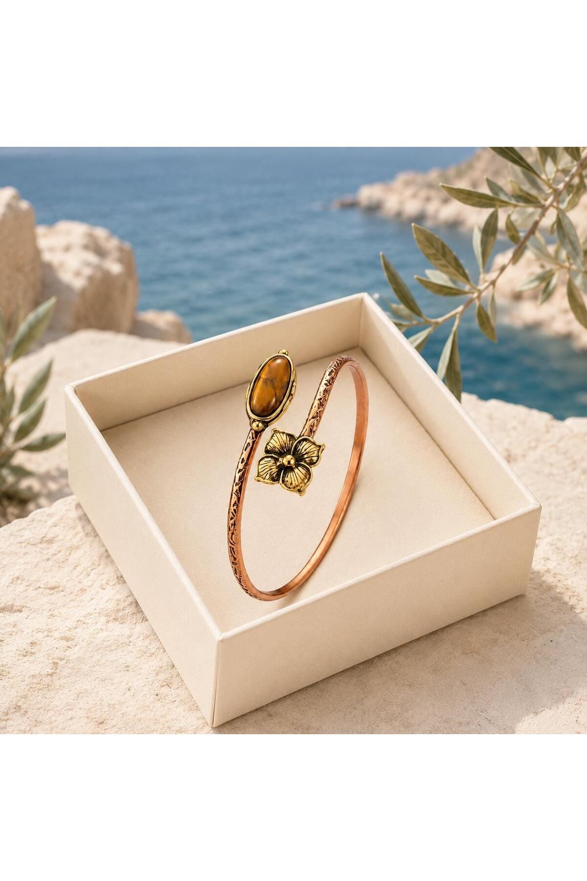 Tiger Eye Copper Cuff Bracelet, Adjustable Flower Gemstone Boho Jewelry