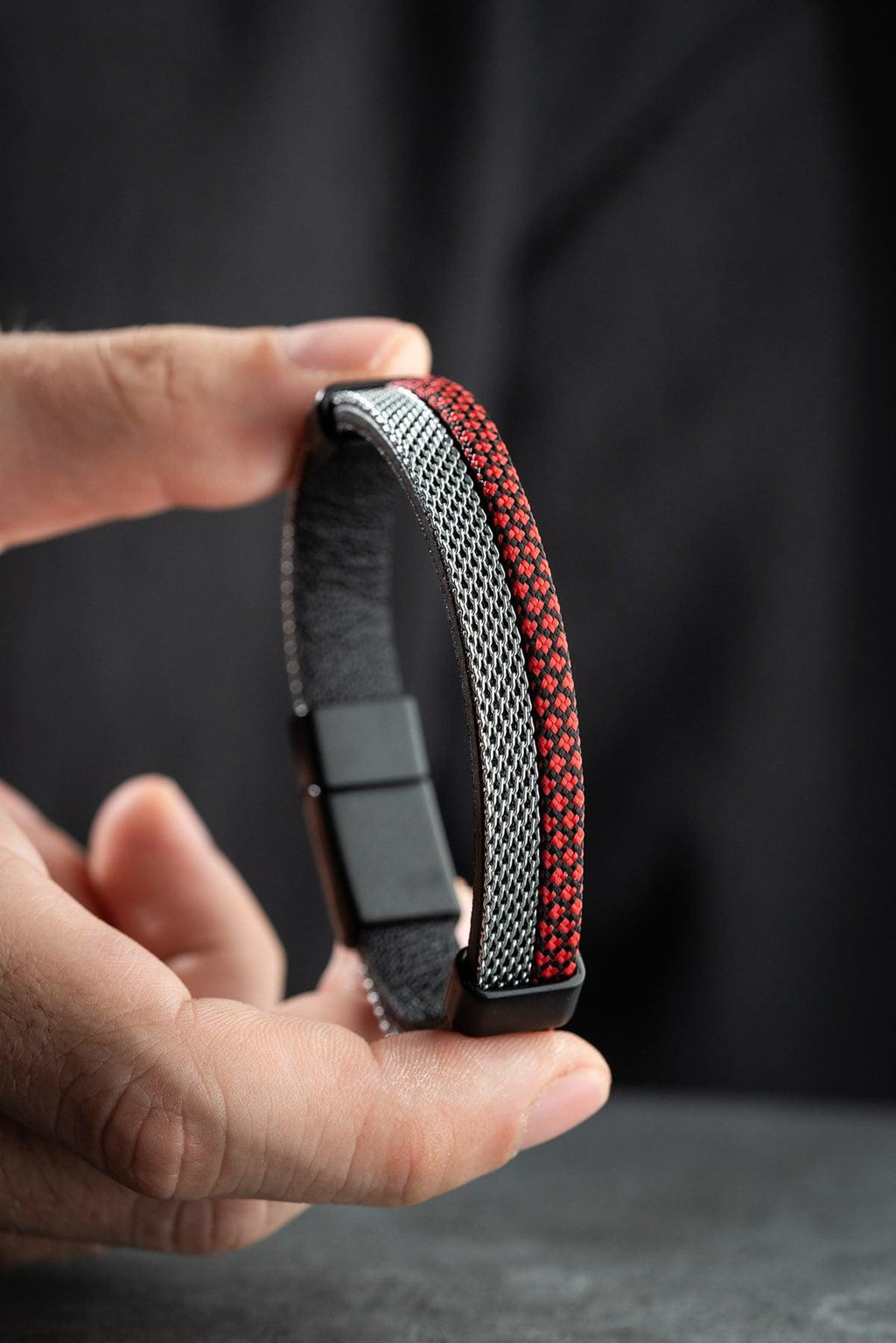 Red Black Steel Bracelet, Braided Cord Mens Bracelet, Magnetic Clasp Jewelry