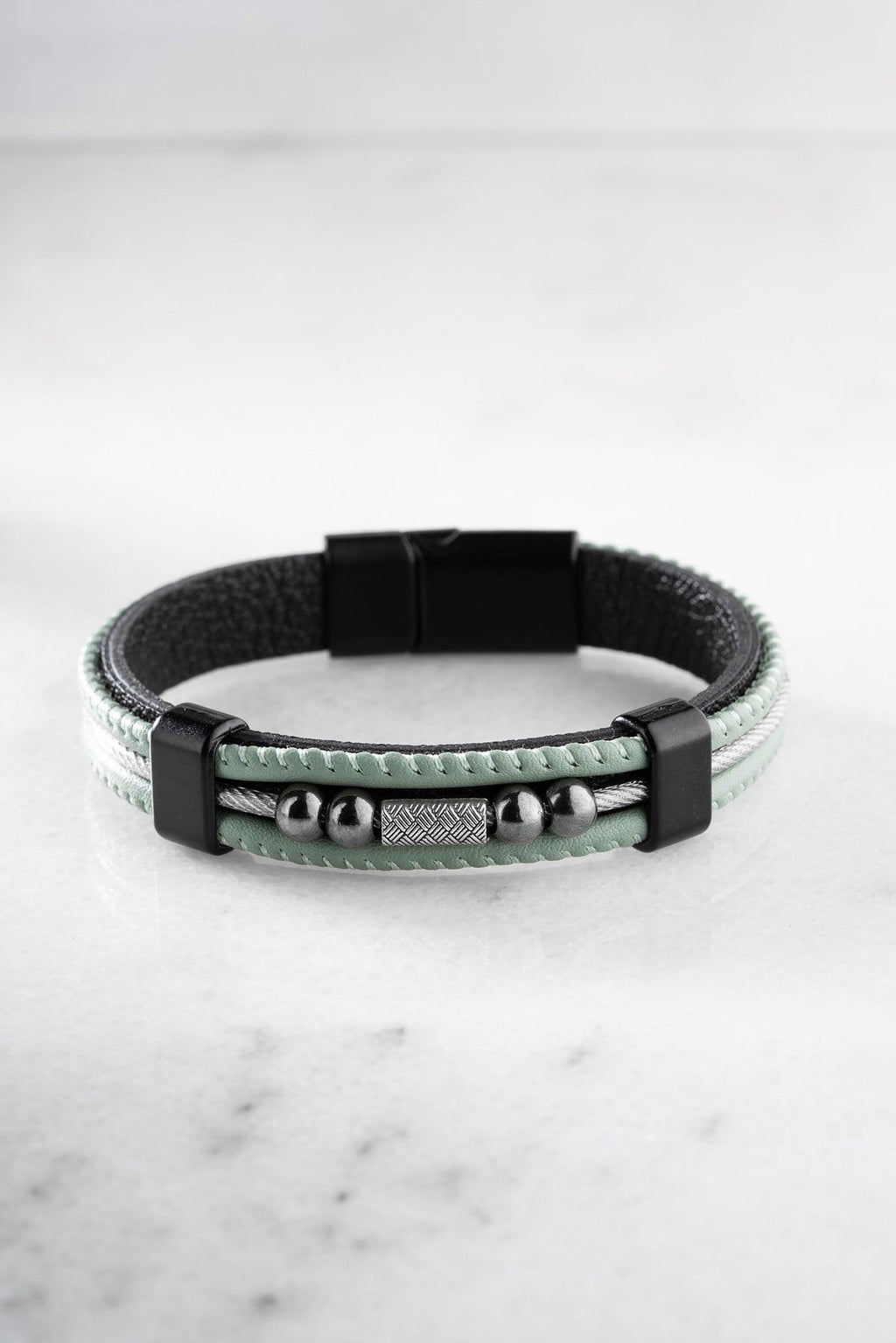 Mint Green Leather Bracelet, Double Wrap Steel Bracelet for Men