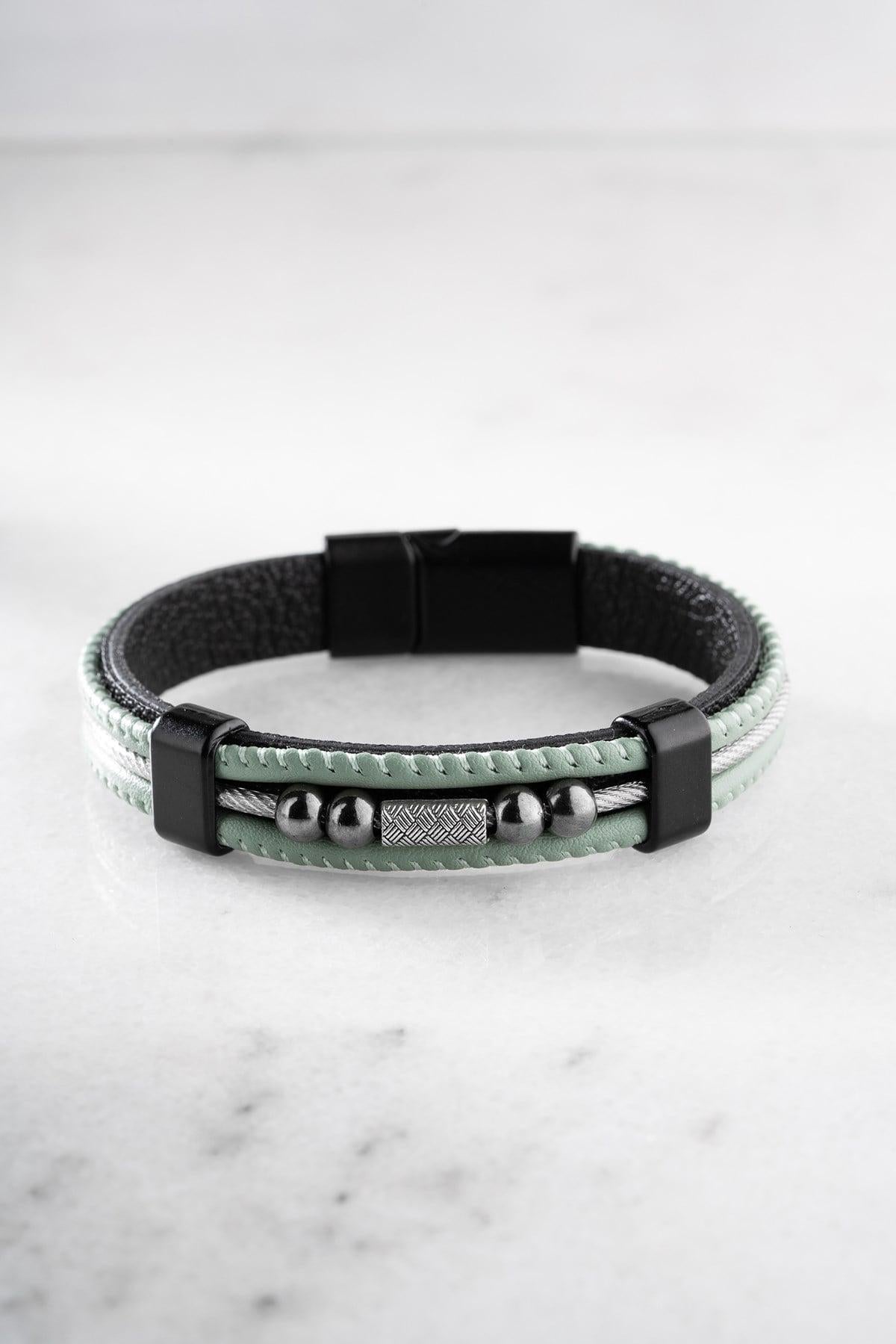 Mint Green Leather Bracelet, Double Wrap Steel Bracelet for Men