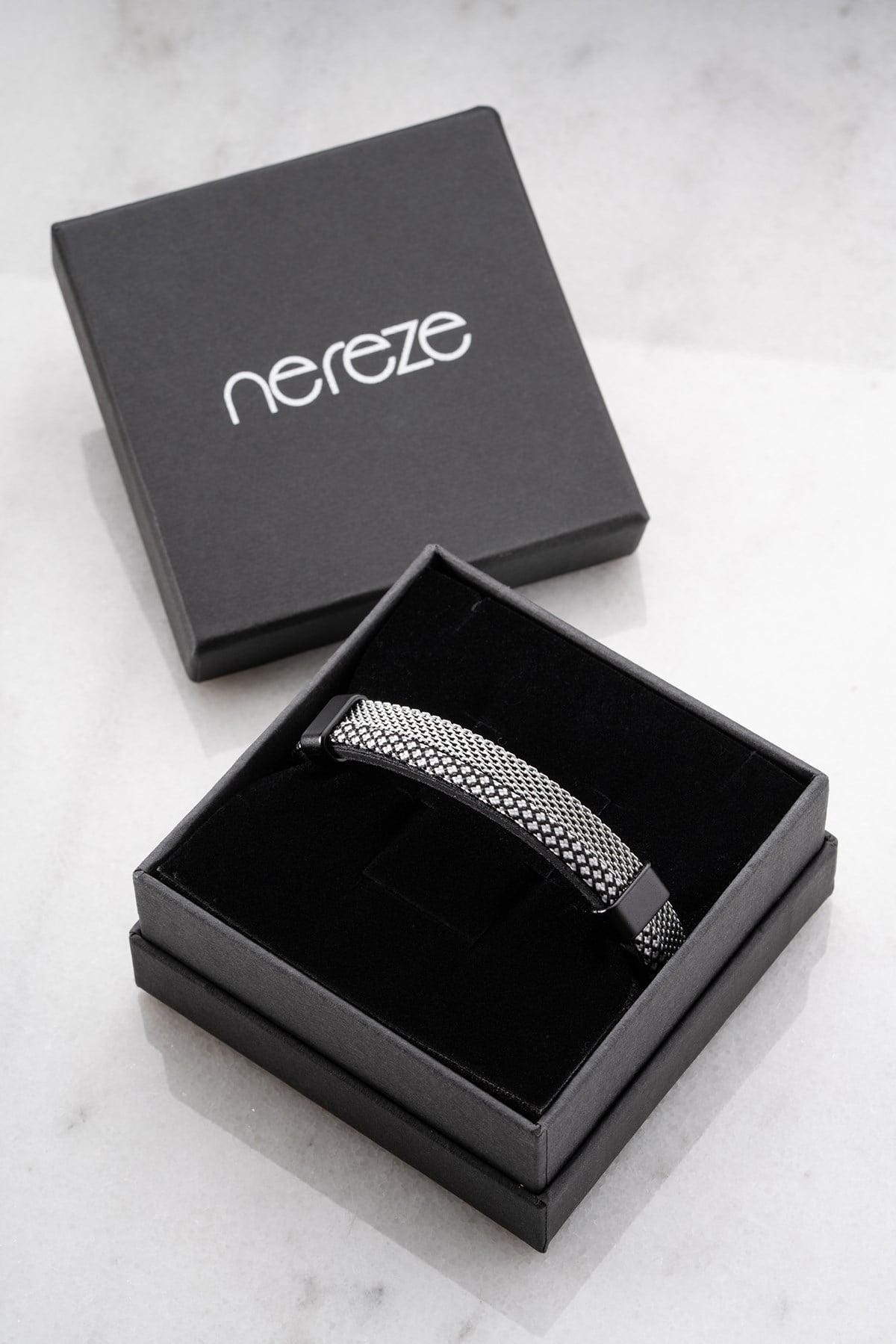 Black White Leather Bracelet, Braided Steel Bracelet for Men, Magnetic Clasp