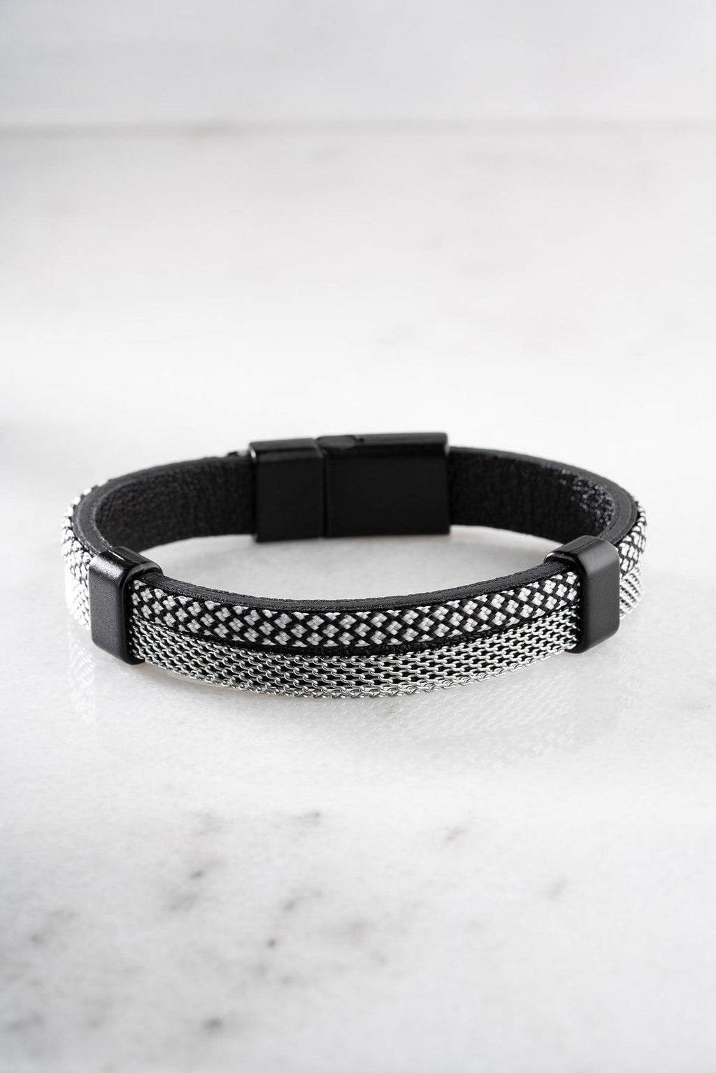 Black White Leather Bracelet, Braided Steel Bracelet for Men, Magnetic Clasp
