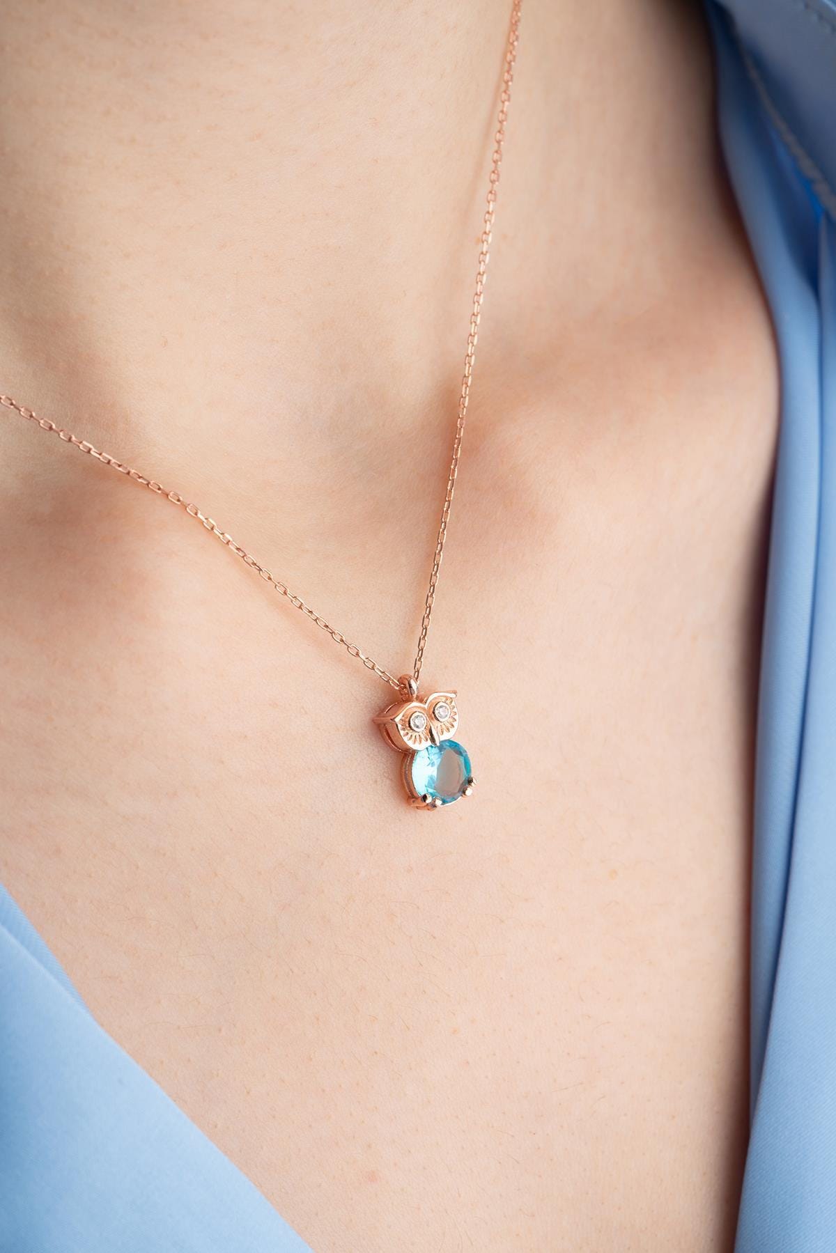 Rose Gold Plated Owl Necklace, Aquamarine Sterling Silver Pendant for Women