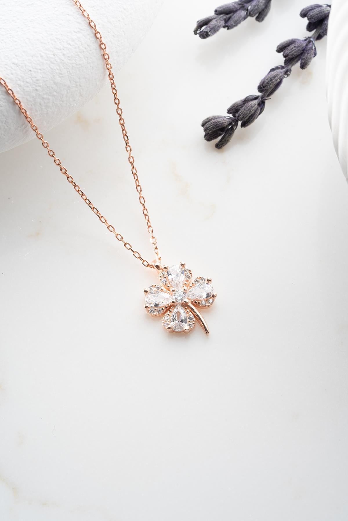 Rose Gold Plated Clover Necklace, Sterling Silver Lucky Four Leaf Pendant