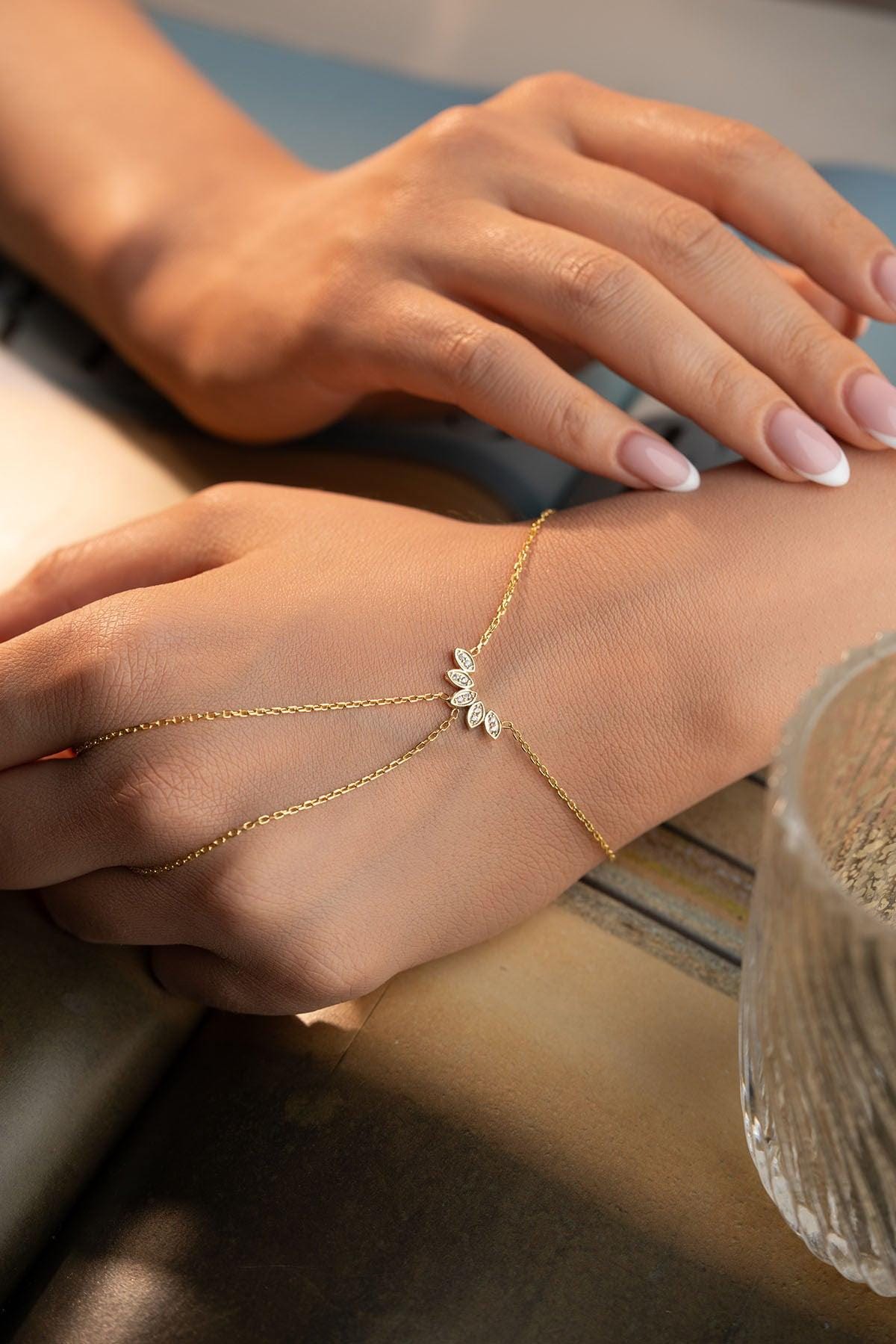 Gold Marquise Hand Chain, Zircon Sterling Silver Shahmaran Bracelet for Women