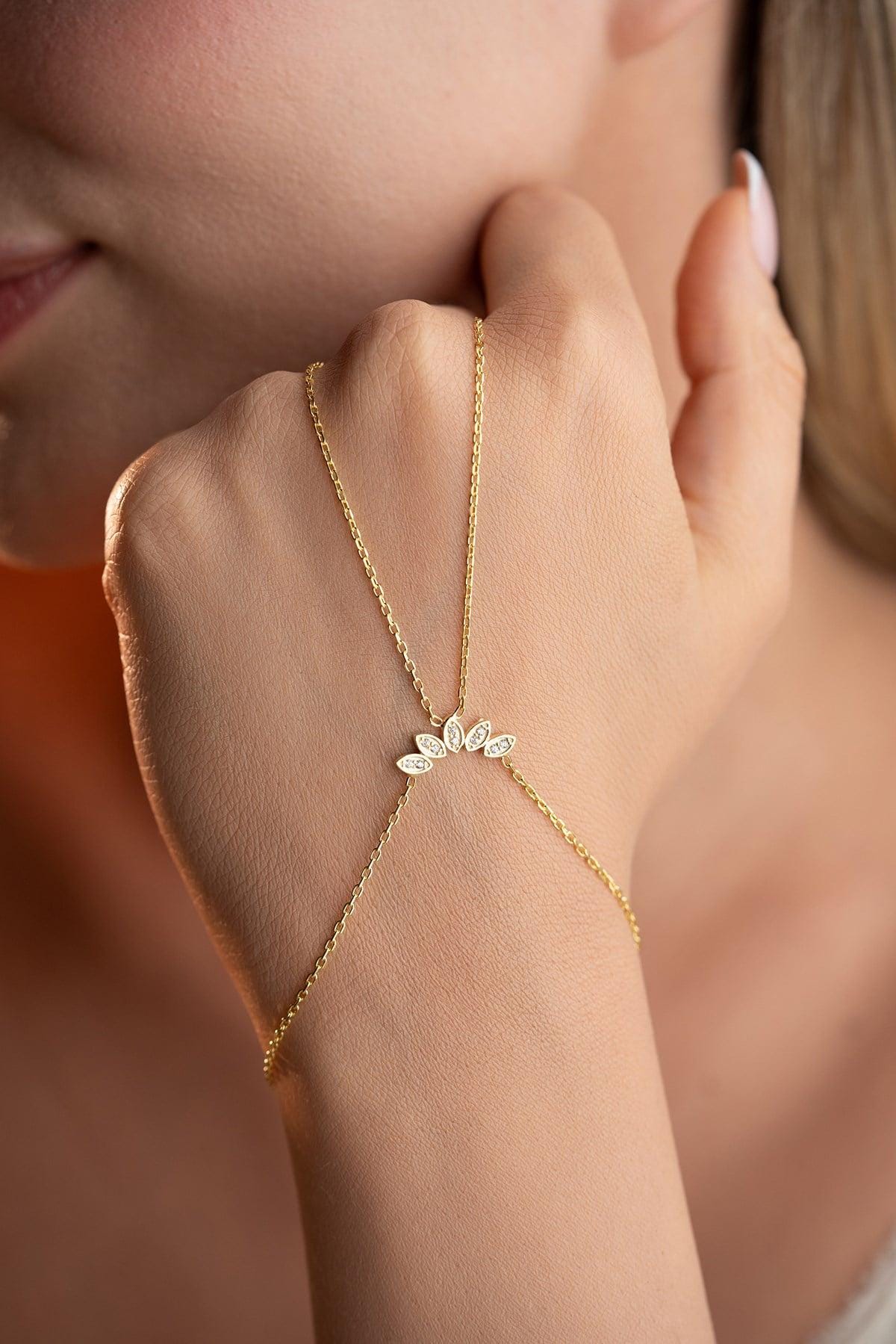 Gold Marquise Hand Chain, Zircon Sterling Silver Shahmaran Bracelet for Women