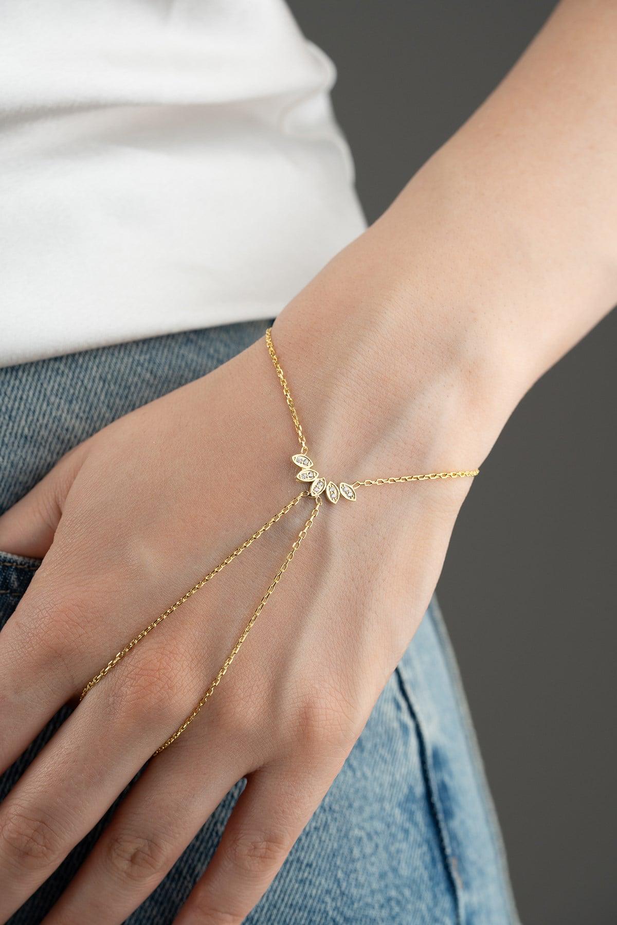 Gold Marquise Hand Chain, Zircon Sterling Silver Shahmaran Bracelet for Women