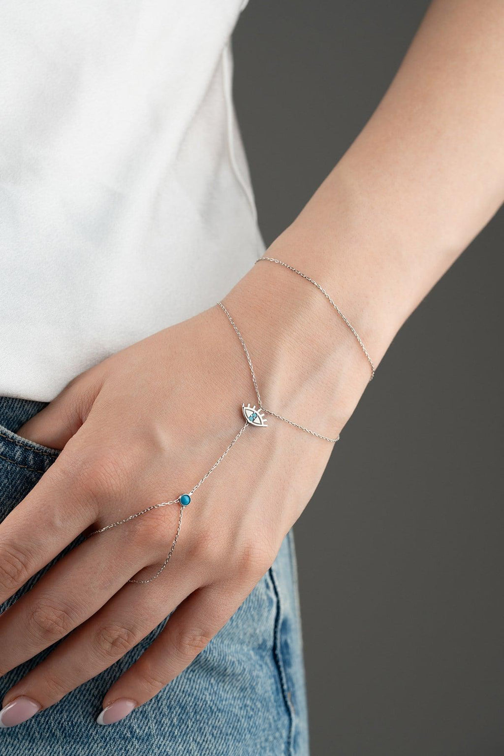Turquoise Evil Eye Hand Chain, Sterling Silver Rhodium Shahmaran Bracelet
