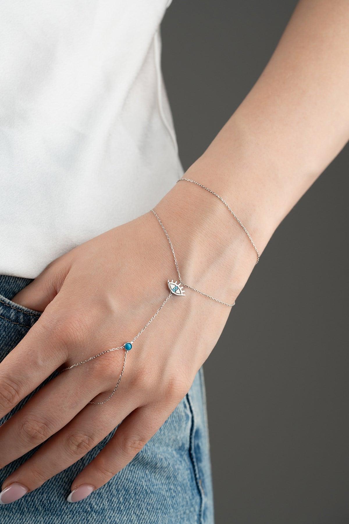 Turquoise Evil Eye Hand Chain, Sterling Silver Rhodium Shahmaran Bracelet