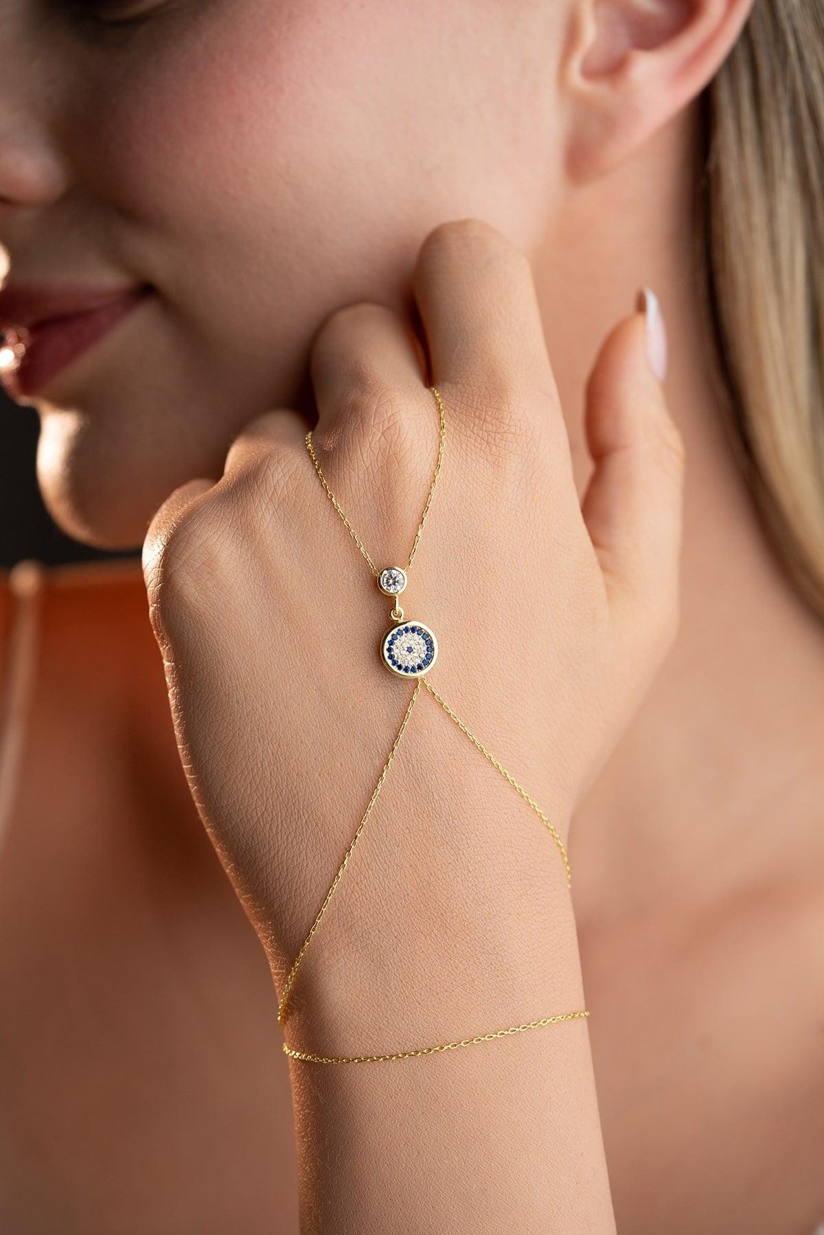 Gold plated  Evil Eye Hand Chain, Zircon Sterling Silver Shahmaran Bracelet