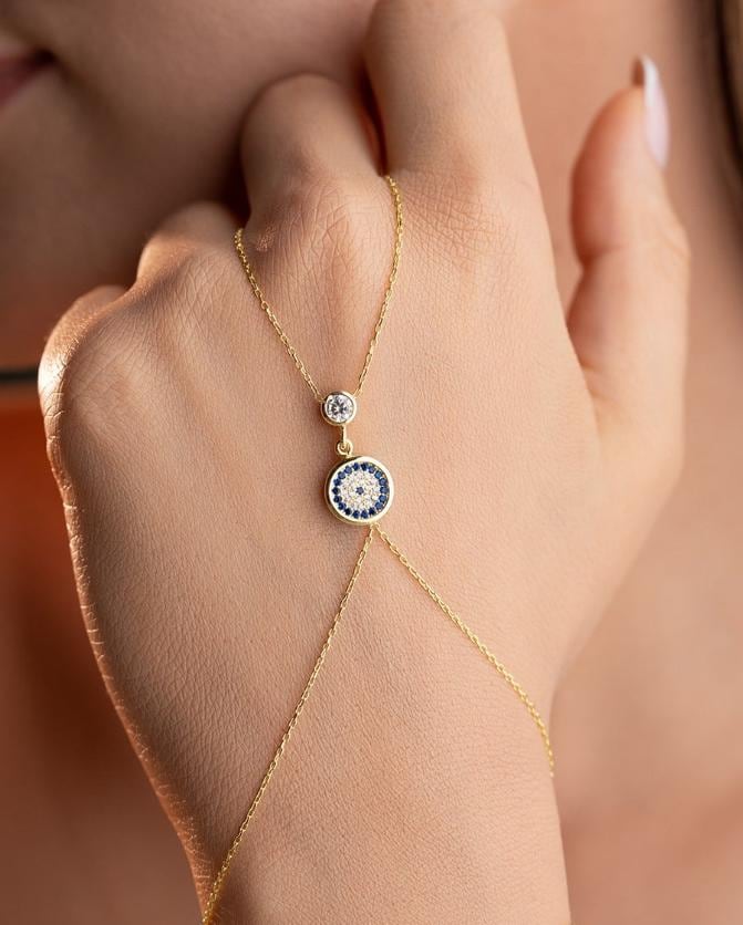 Gold plated  Evil Eye Hand Chain, Zircon Sterling Silver Shahmaran Bracelet